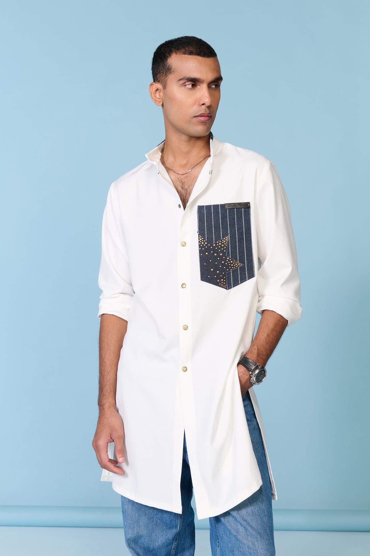 White Kurta with Denim Pocket