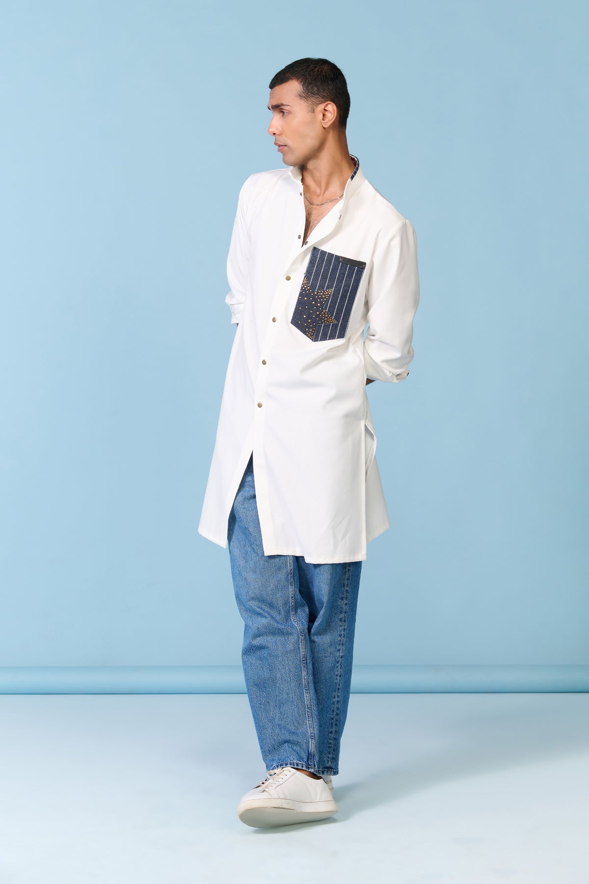 White Kurta with Denim Pocket