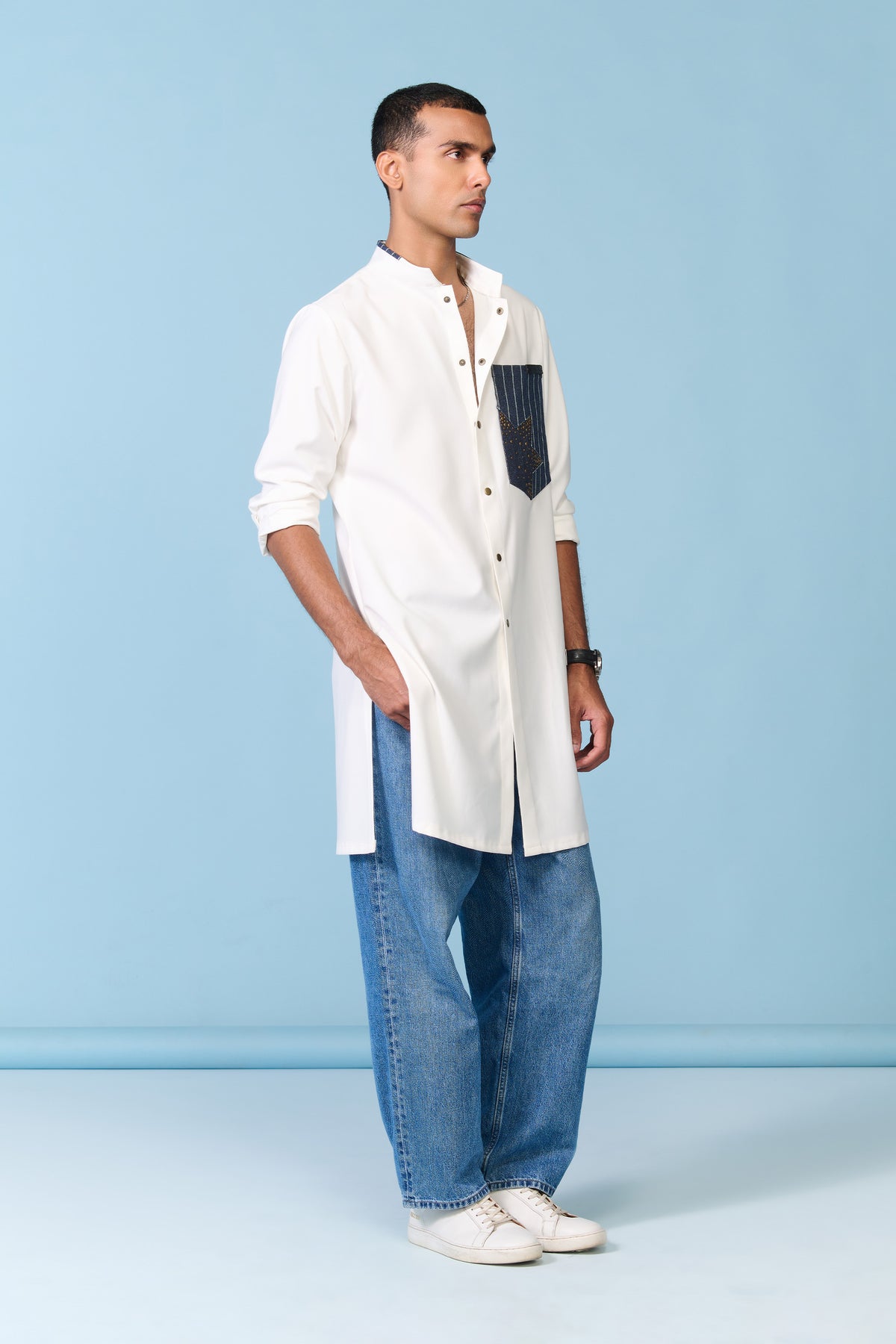 White Kurta with Denim Pocket