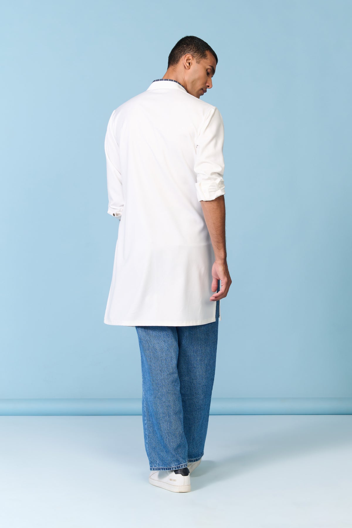 White Kurta with Denim Pocket