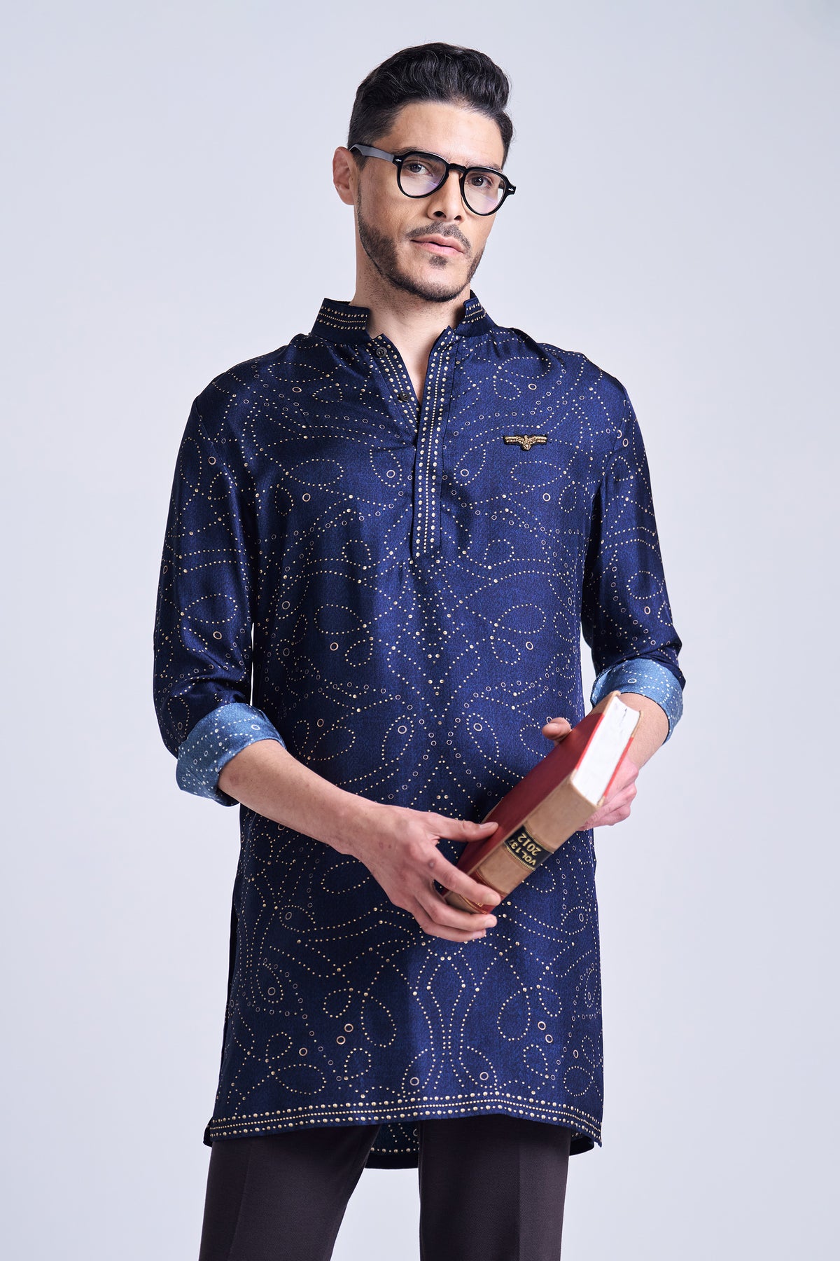 Navy Rivet Printed Silk Twill Kurta
