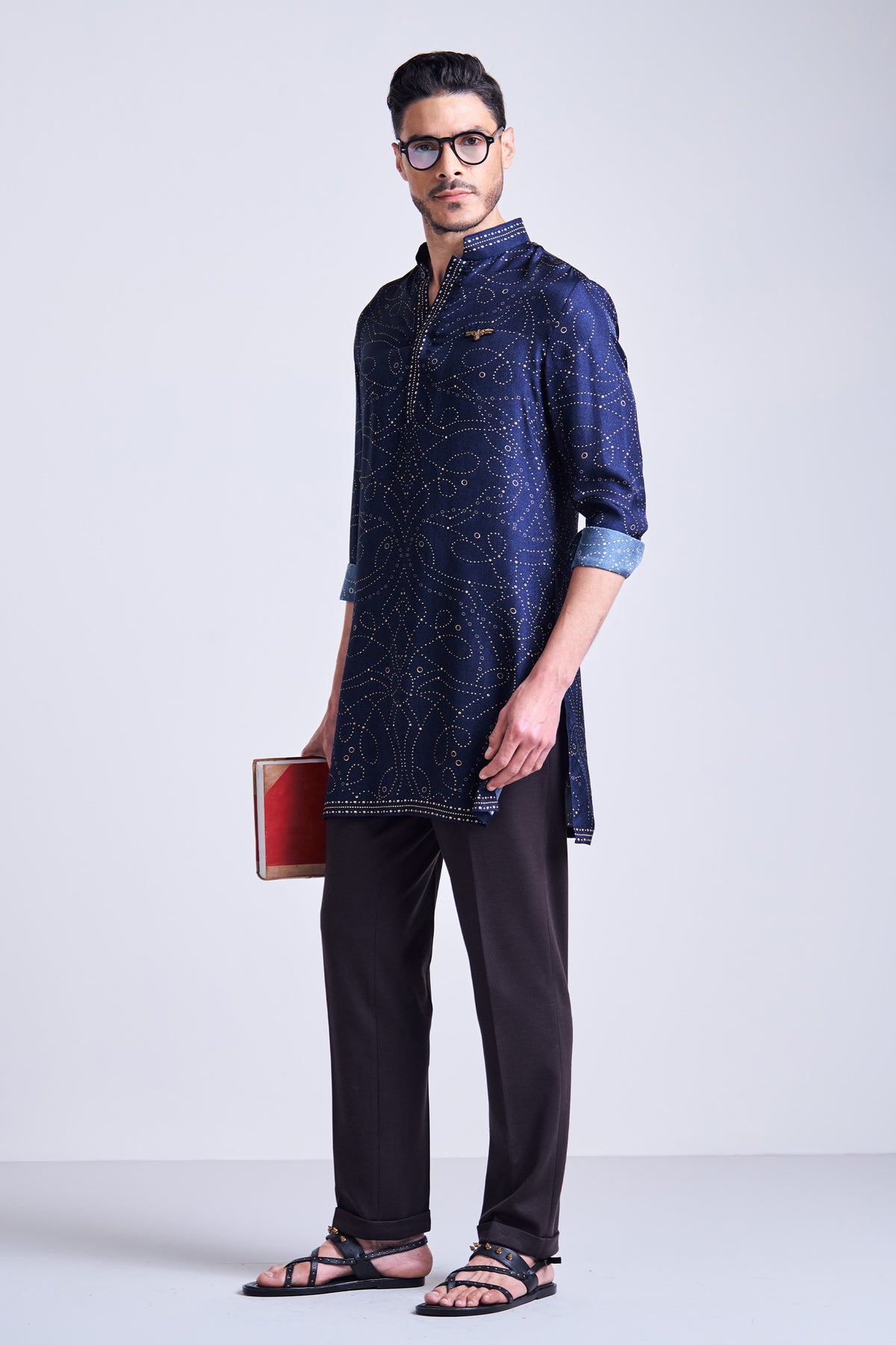 Navy Rivet Printed Silk Twill Kurta