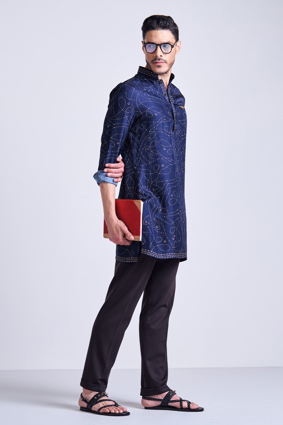 Navy Rivet Printed Silk Twill Kurta