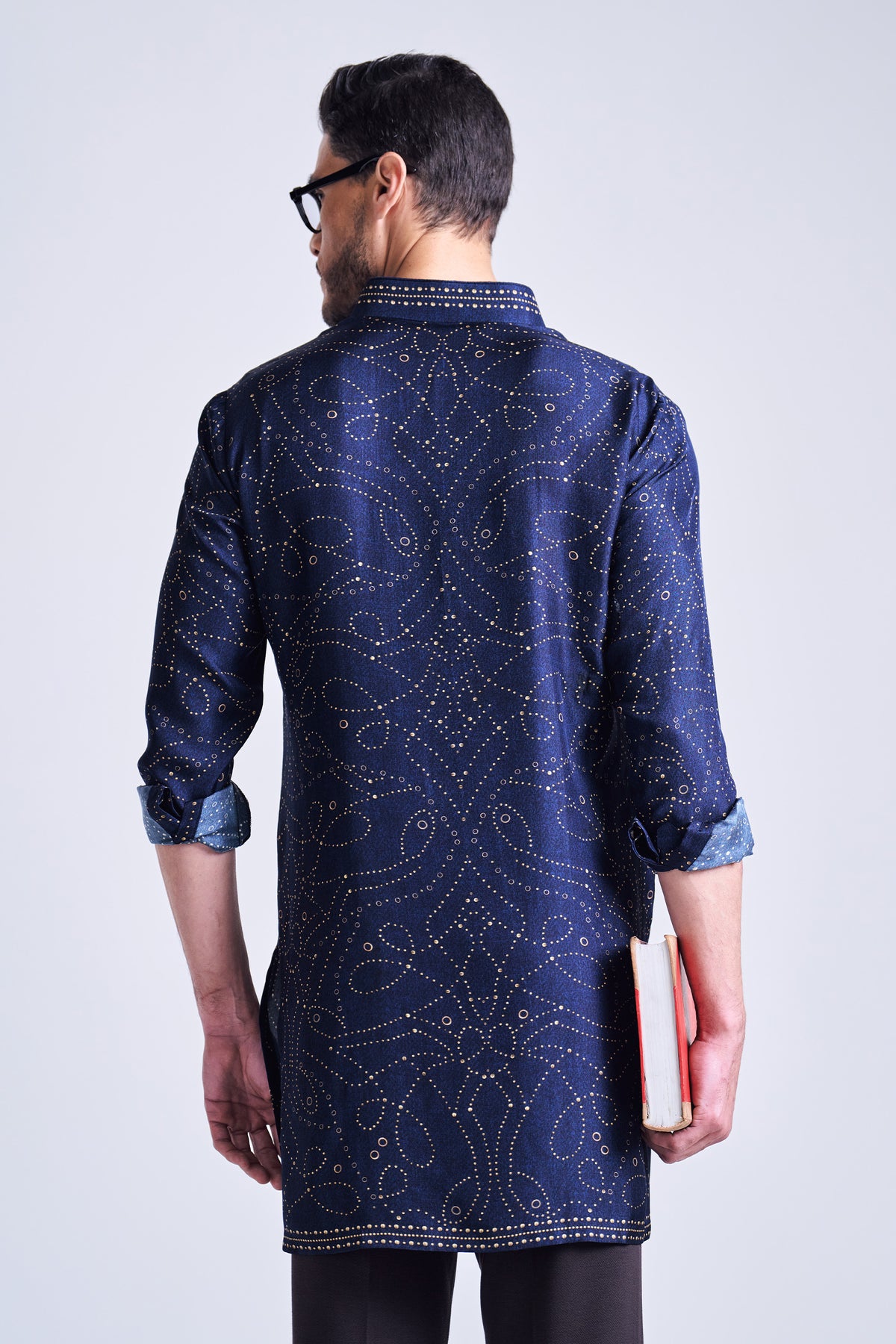 Navy Rivet Printed Silk Twill Kurta