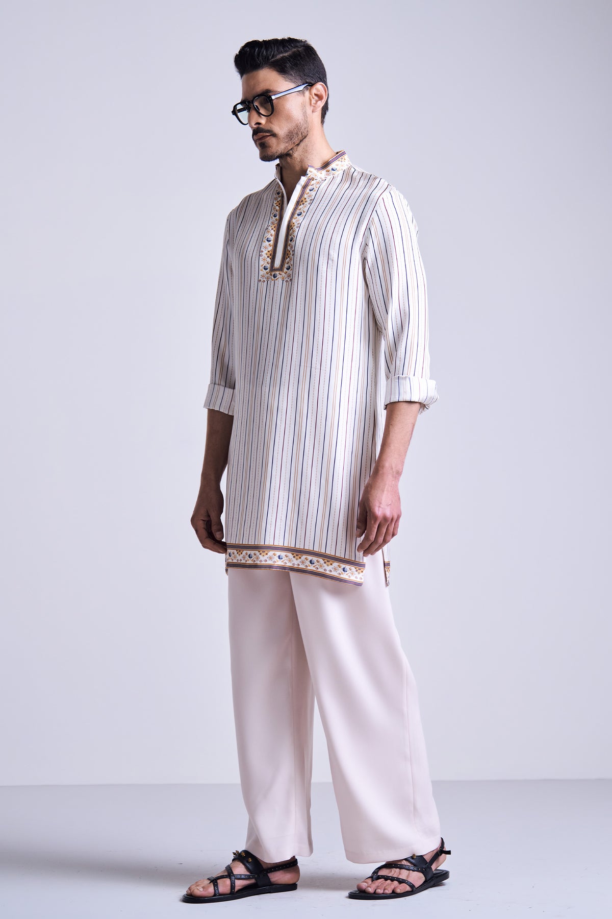 Off White Stripe Printed Silk Twill Kurta