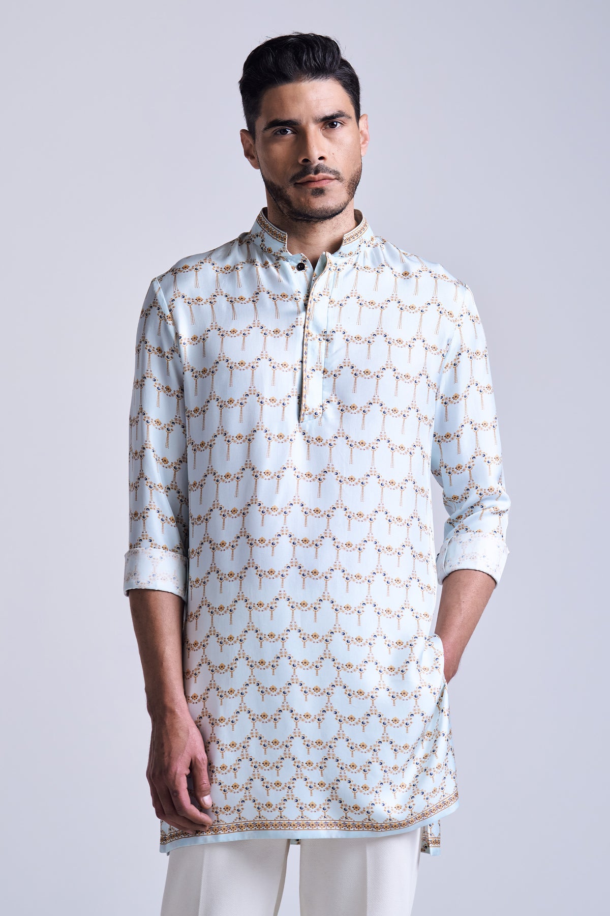 Mint Gold Printed Silk Twill Kurta