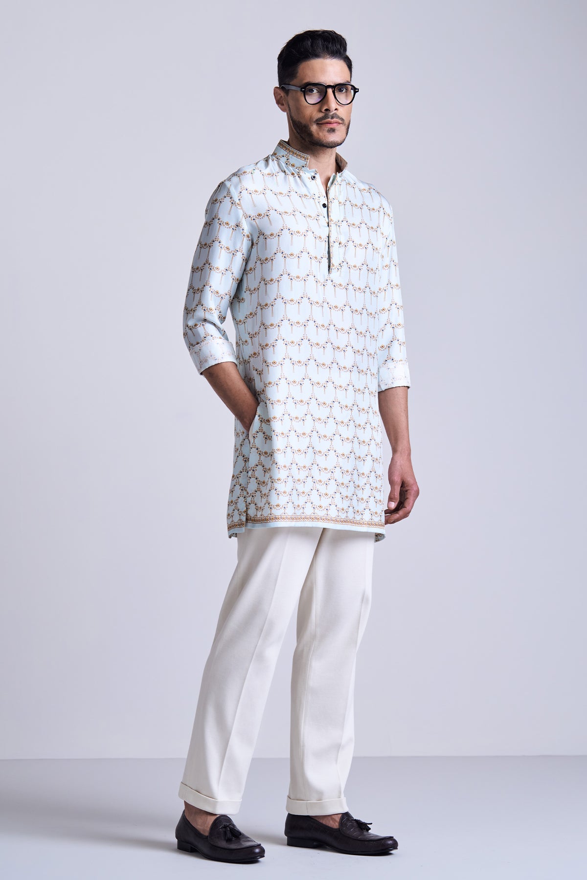 Mint Gold Printed Silk Twill Kurta