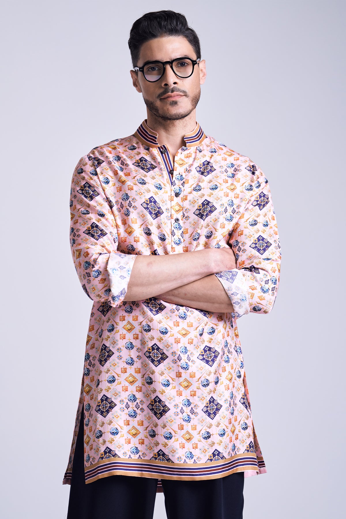 Pink Geometric Print Silk Twill Kurta