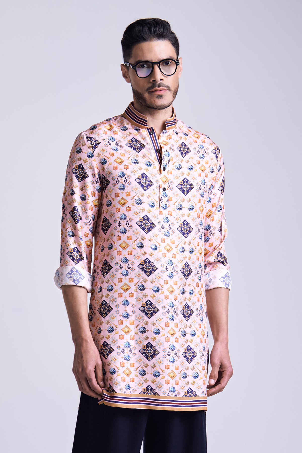 Pink Geometric Print Silk Twill Kurta