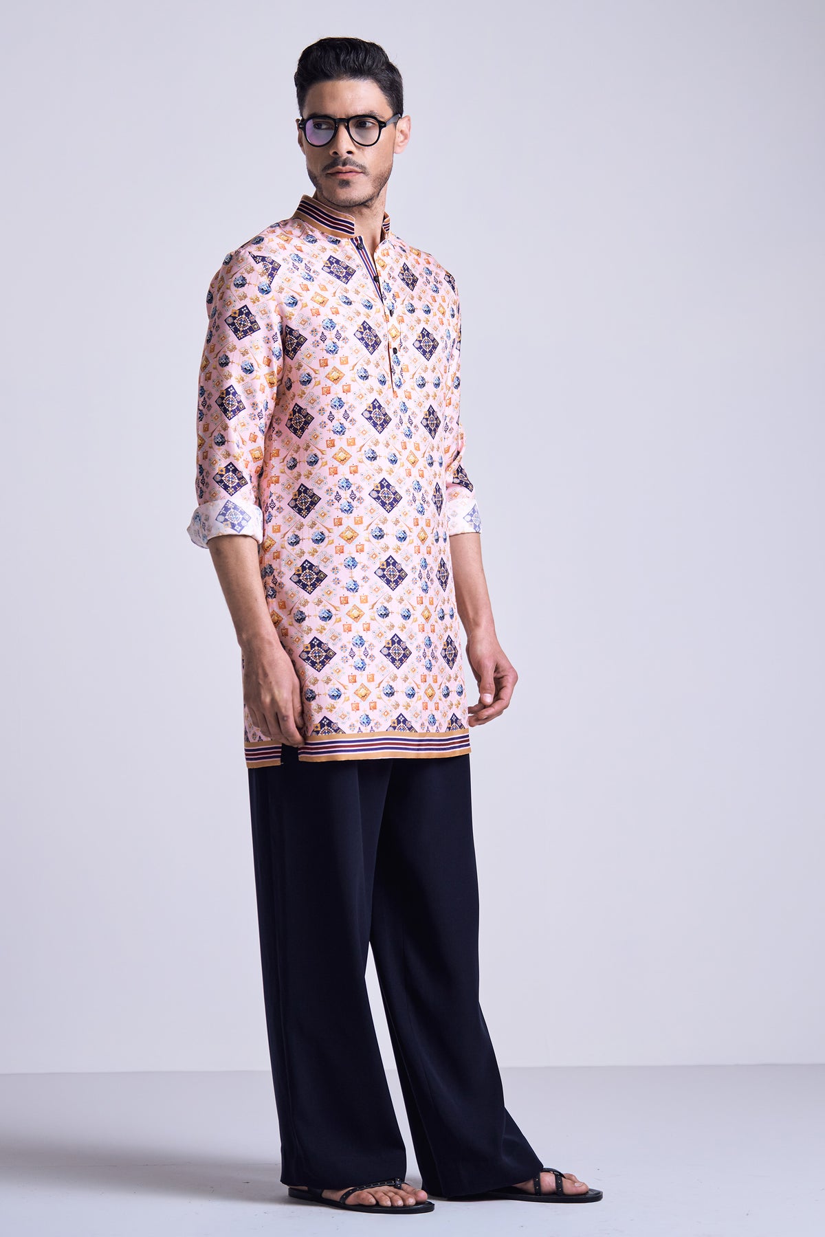 Pink Geometric Print Silk Twill Kurta