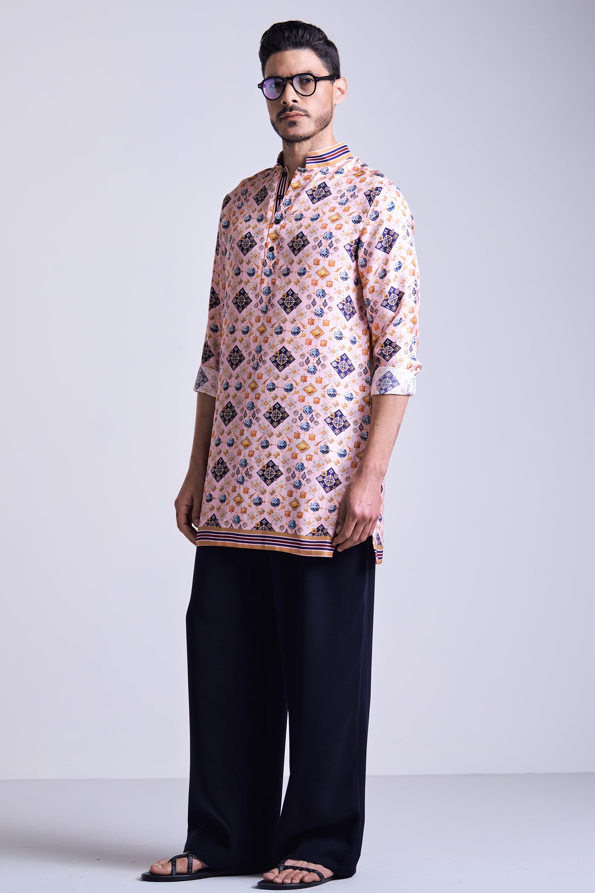 Pink Geometric Print Silk Twill Kurta