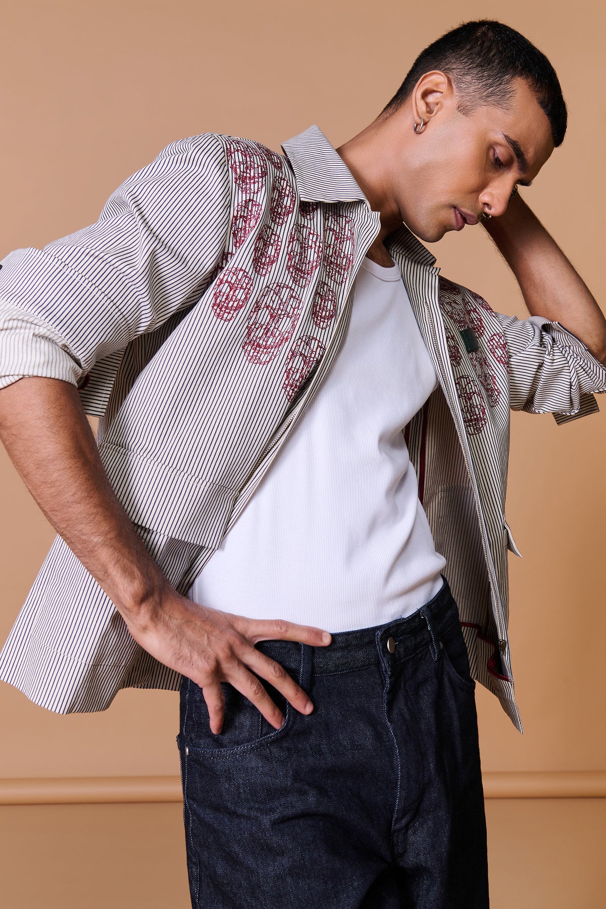 Grey Skull Printed Striped Jacket