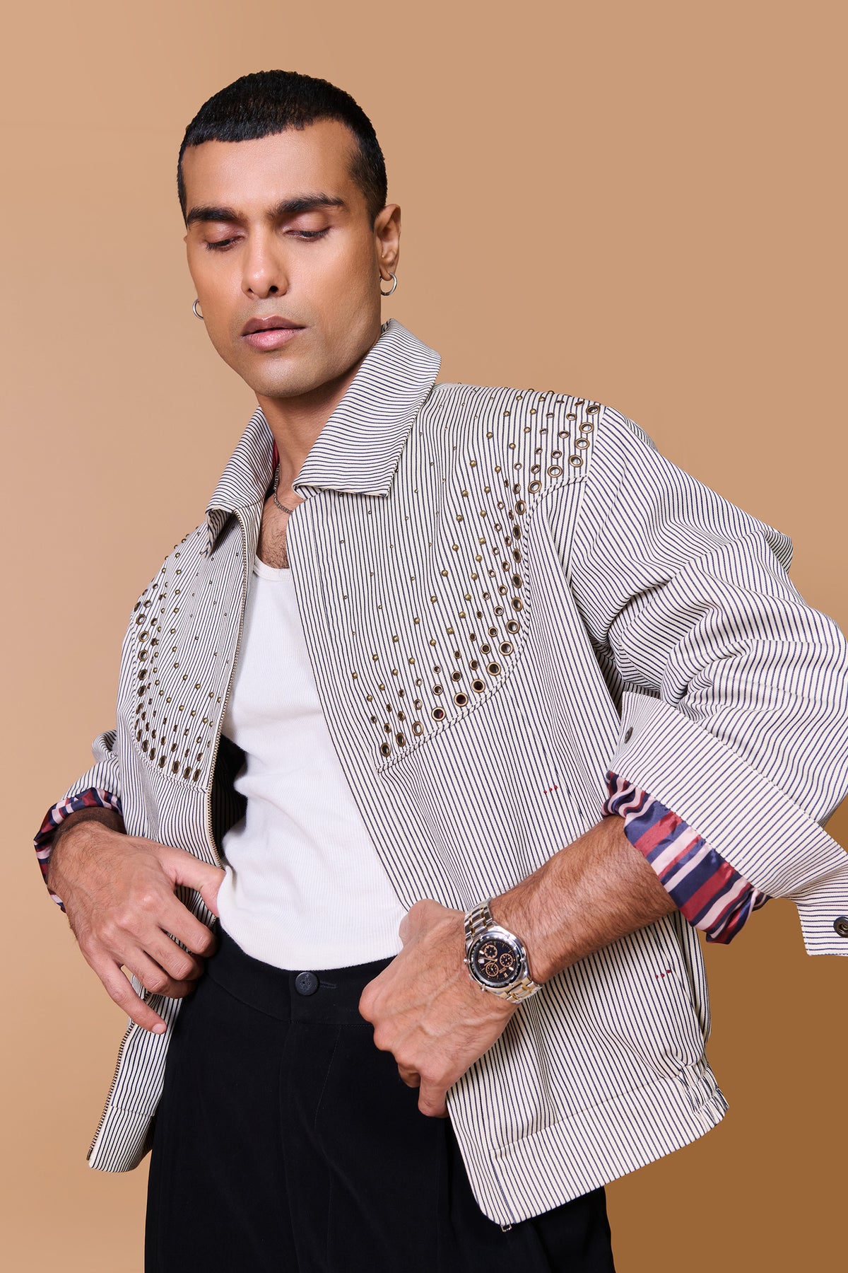 Grey Striped Printed Bomber