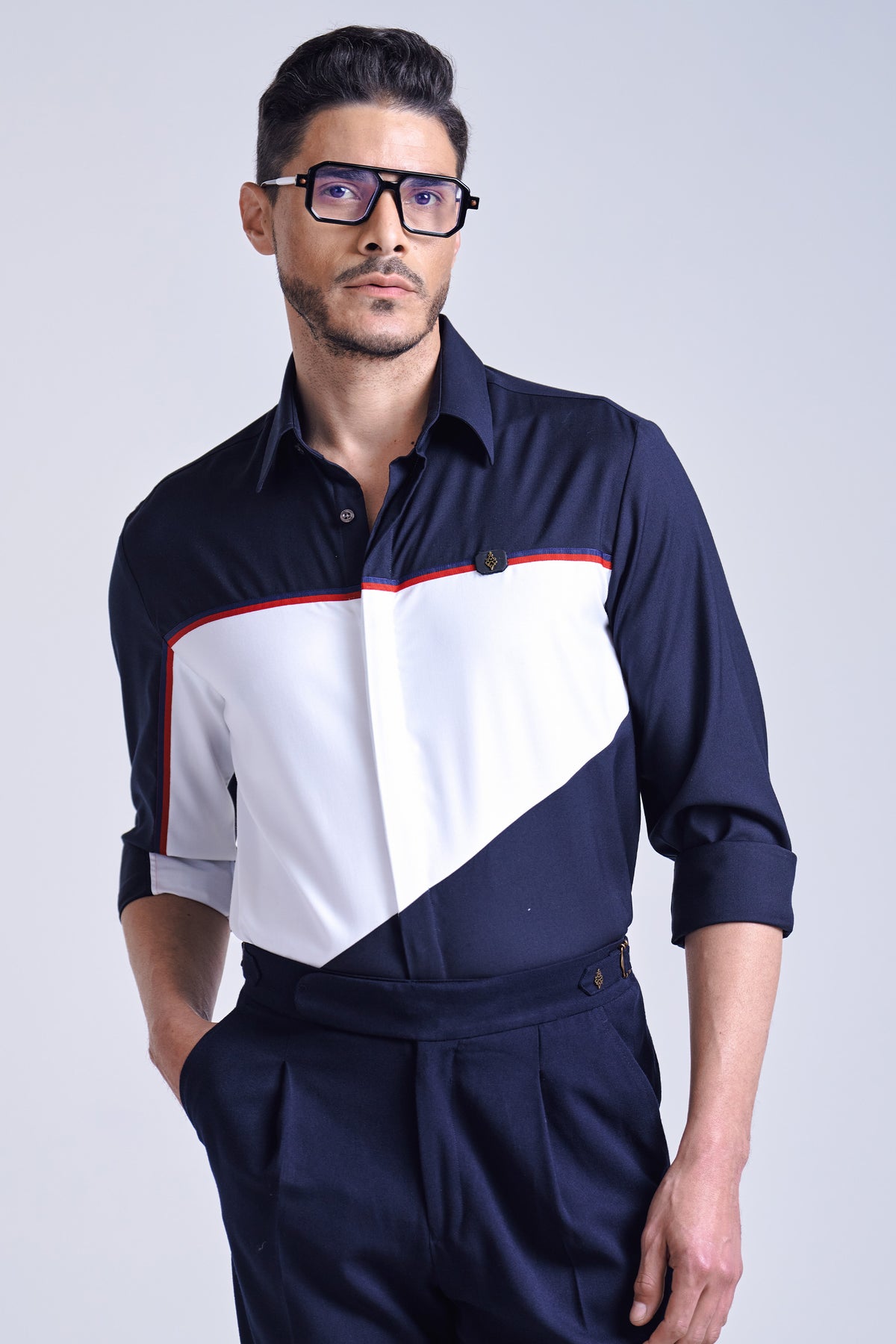 Navy And Off White Panel Shirt