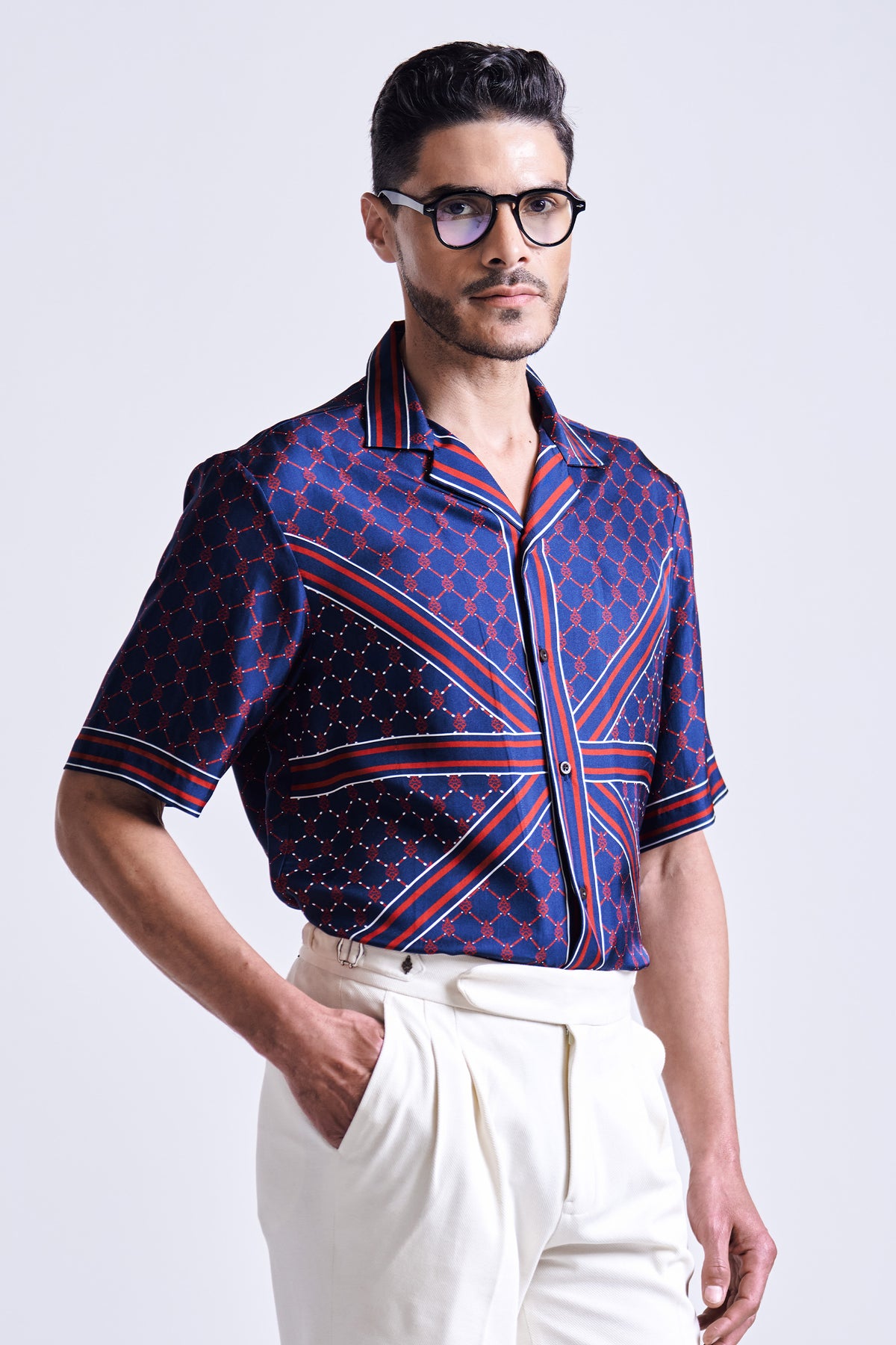 Navy Printed Silk Twill Shirt