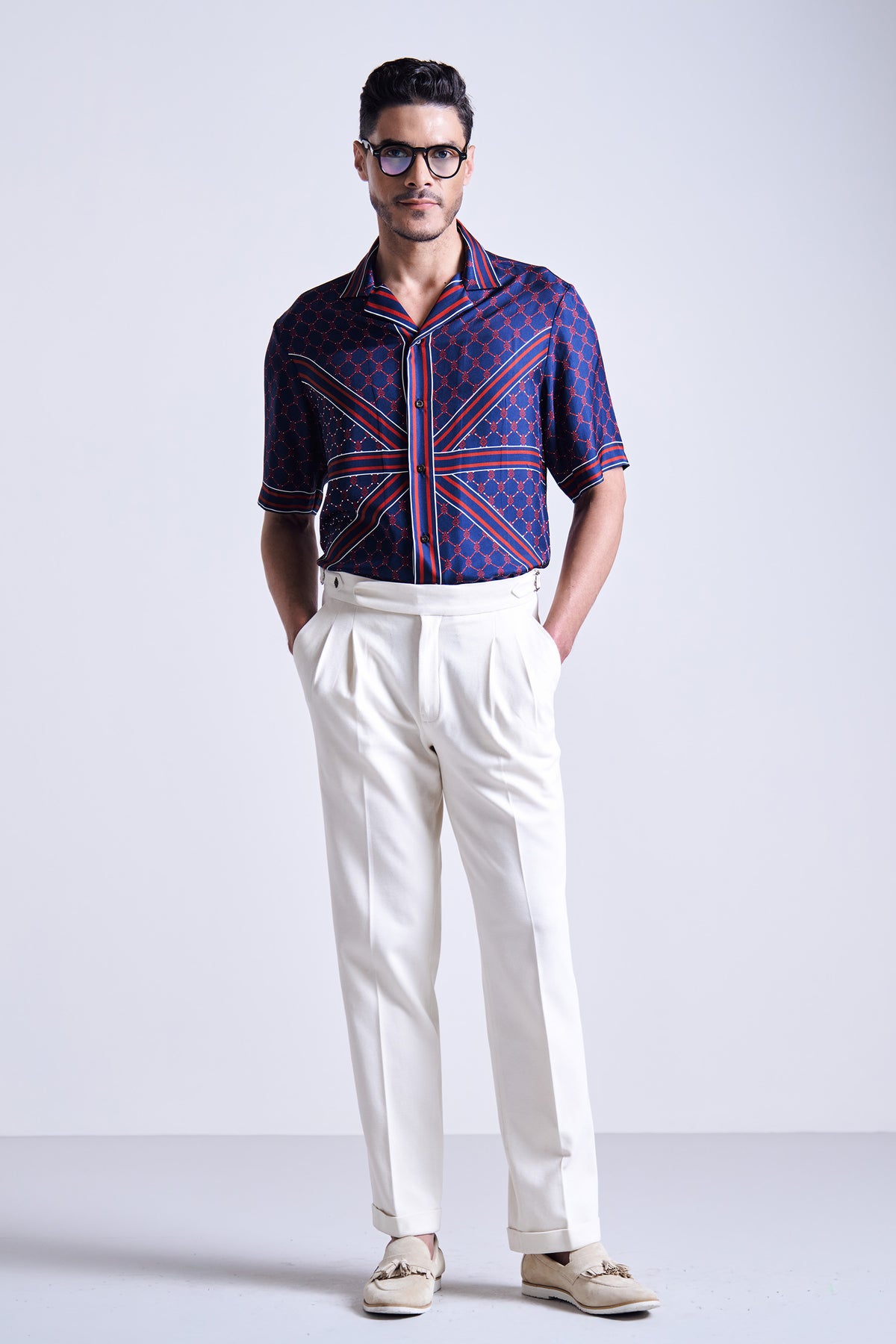 Navy Printed Silk Twill Shirt