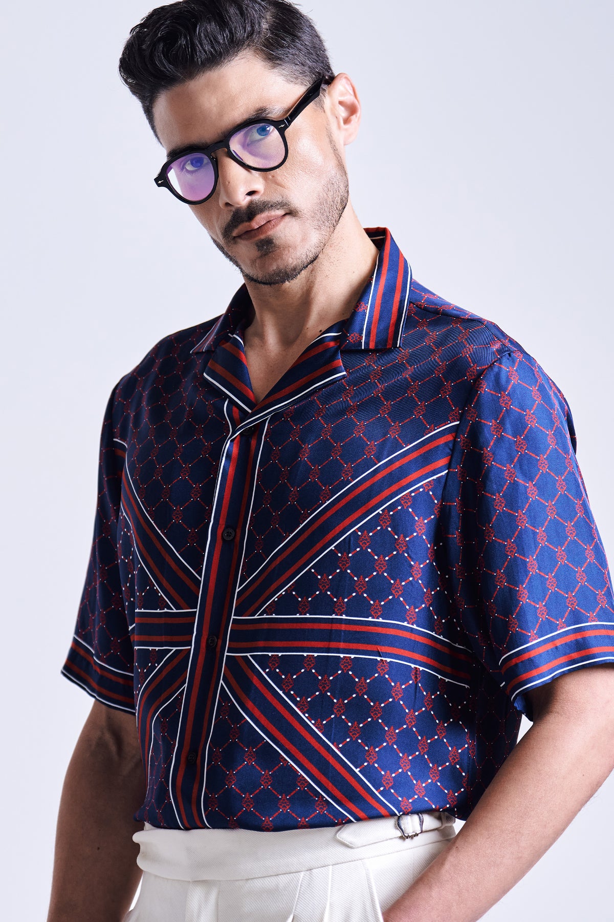Navy Printed Silk Twill Shirt
