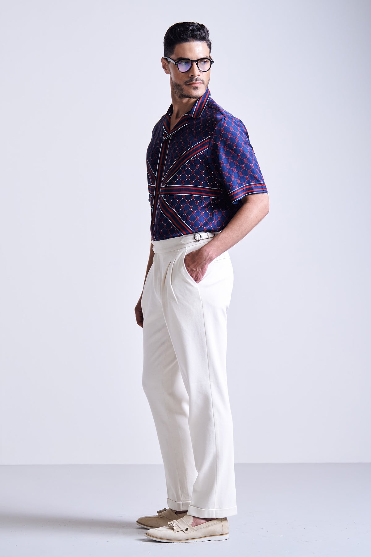 Navy Printed Silk Twill Shirt