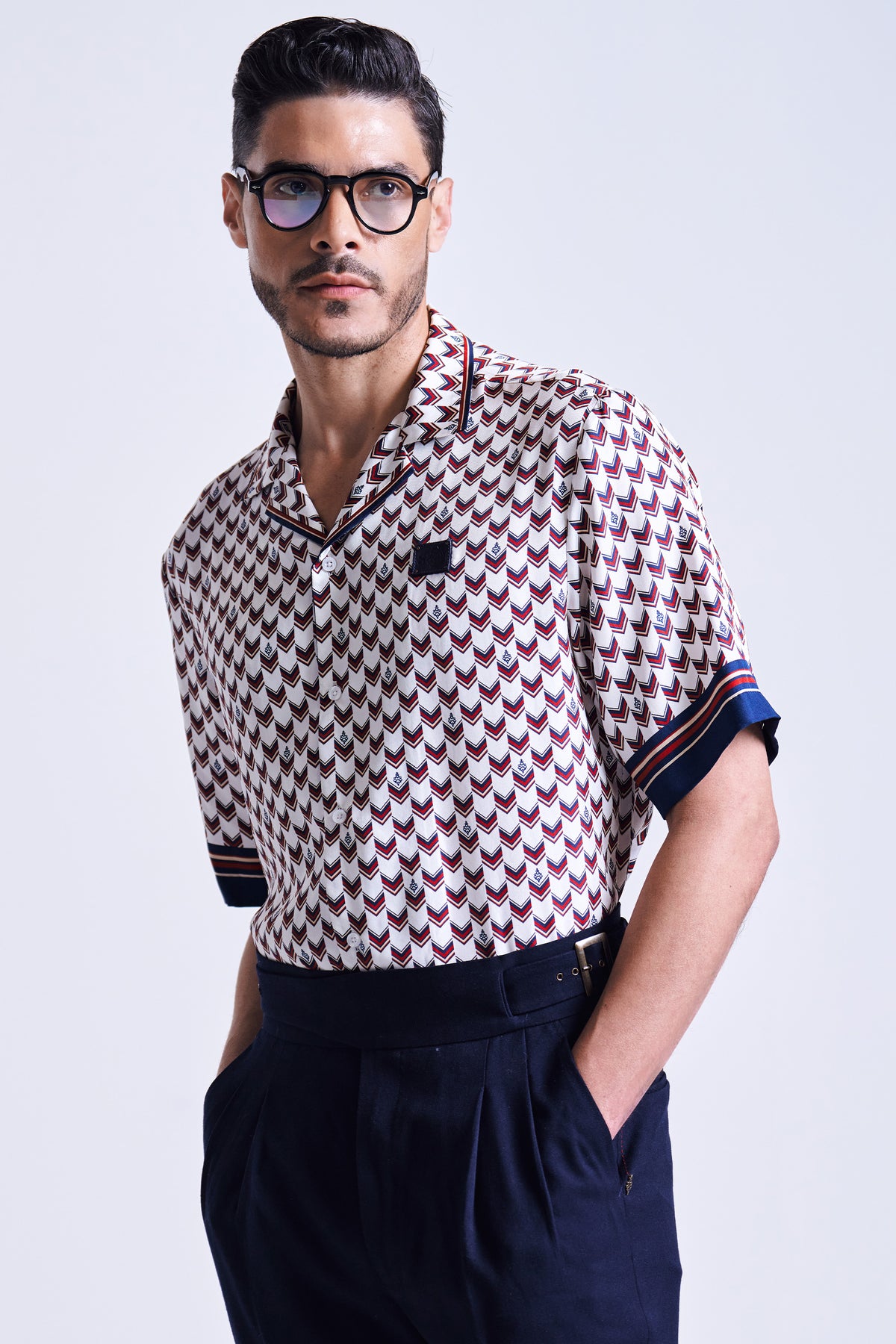 Off White Chevron Printed Silk Shirt
