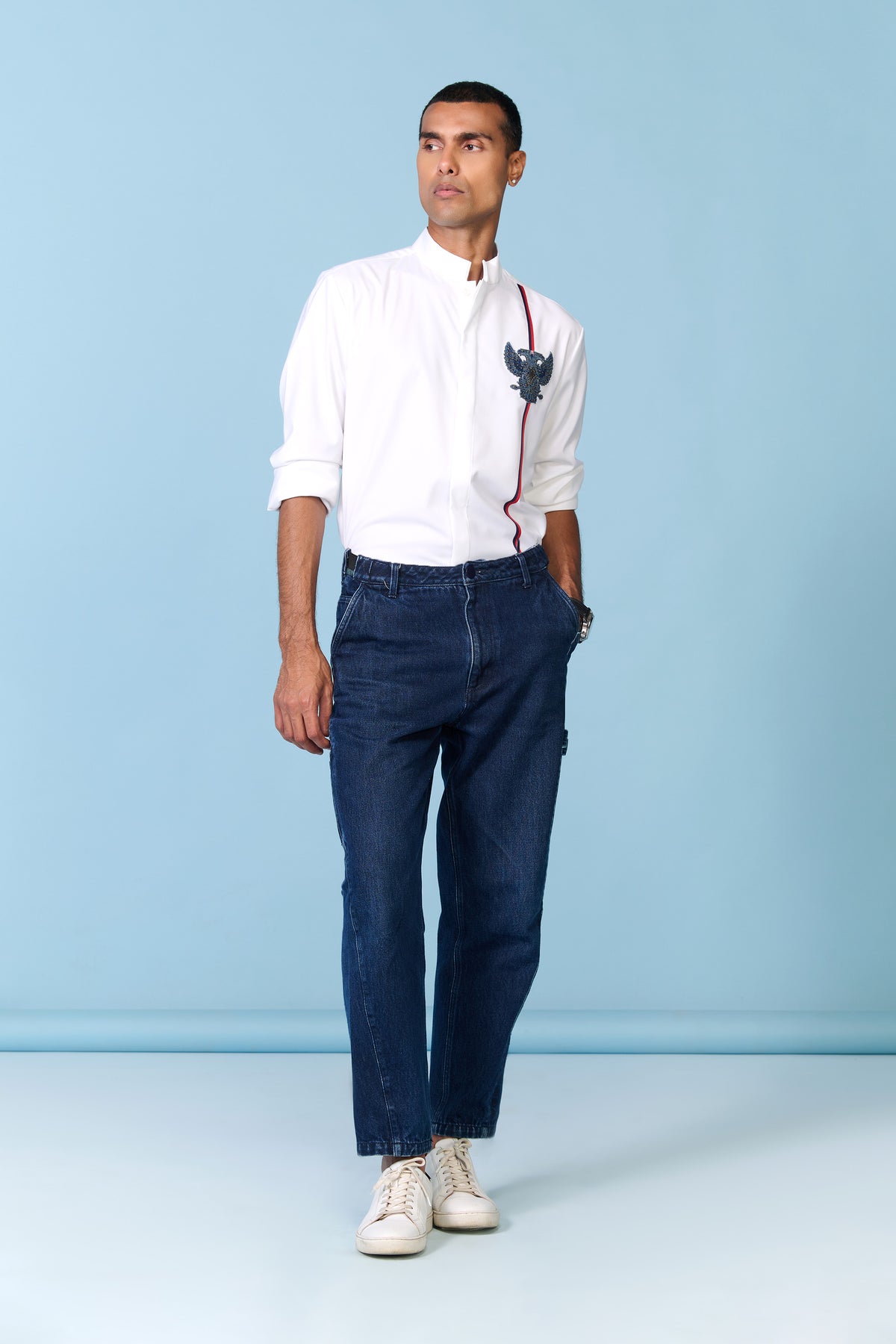Off-white Band Collar Shirt with Crest