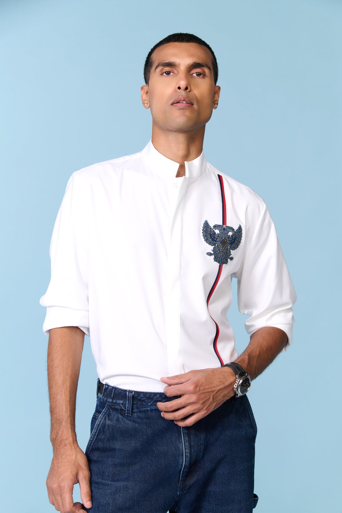 Off-white Band Collar Shirt with Crest
