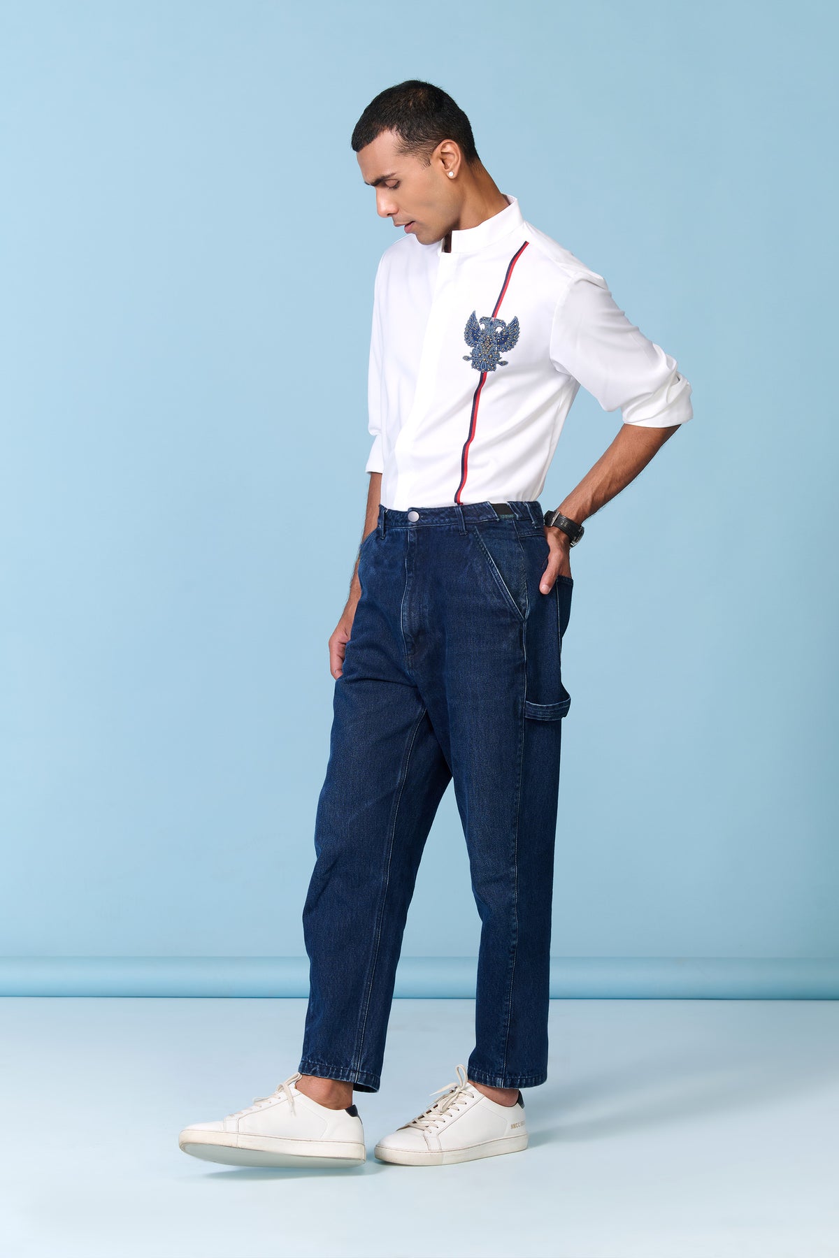 Off-white Band Collar Shirt with Crest