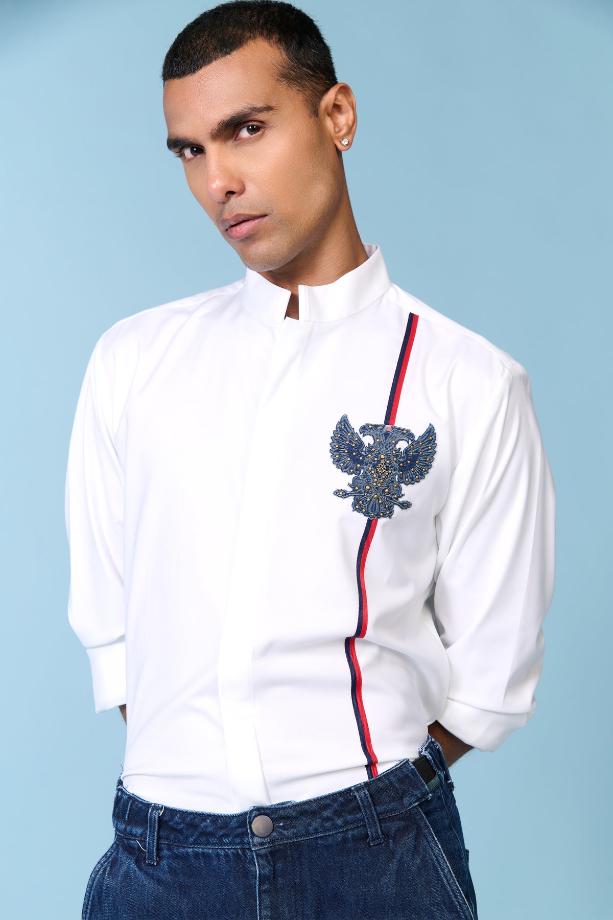 Off-white Band Collar Shirt with Crest