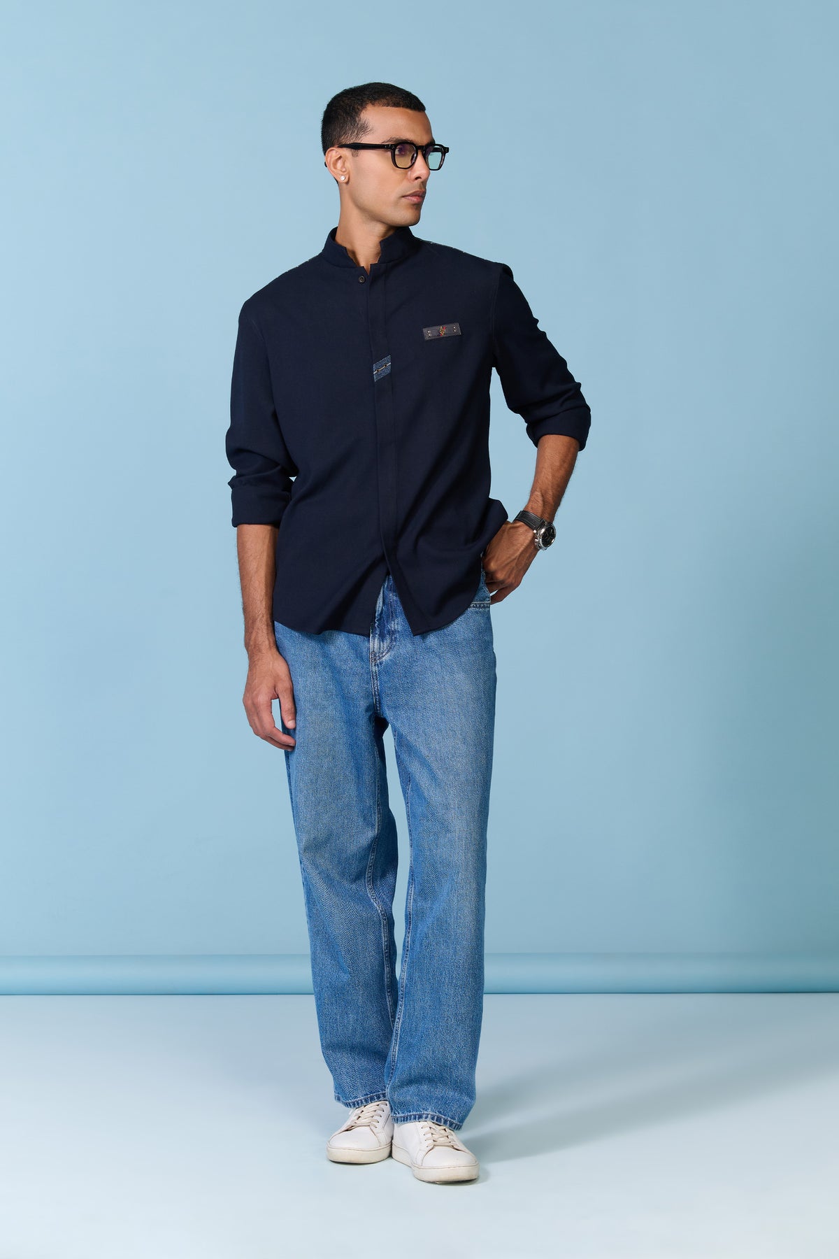 Navy Band Collar Shirt