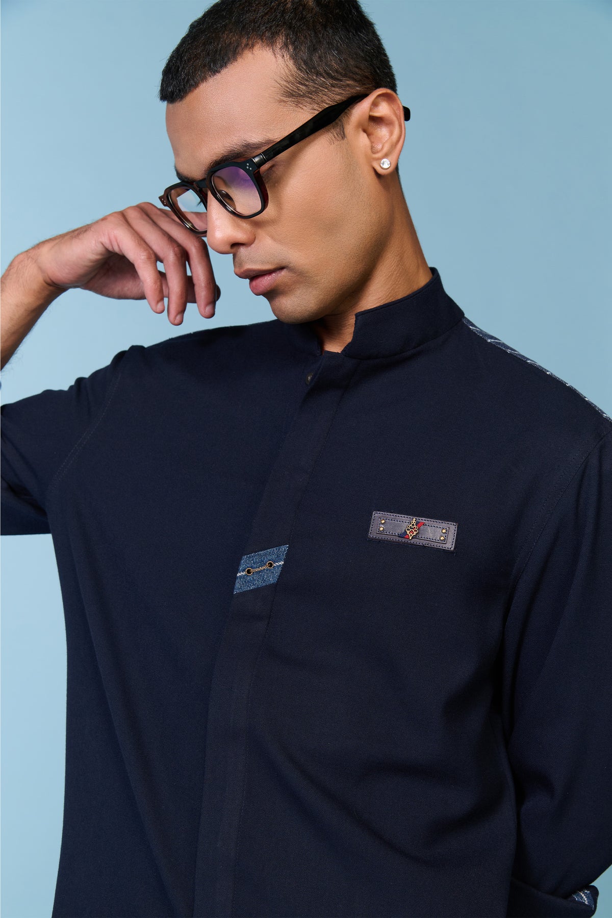 Navy Band Collar Shirt