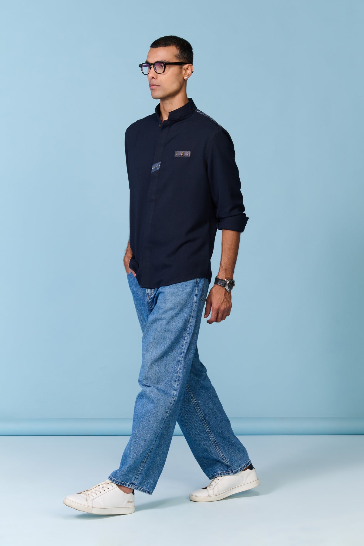Navy Band Collar Shirt