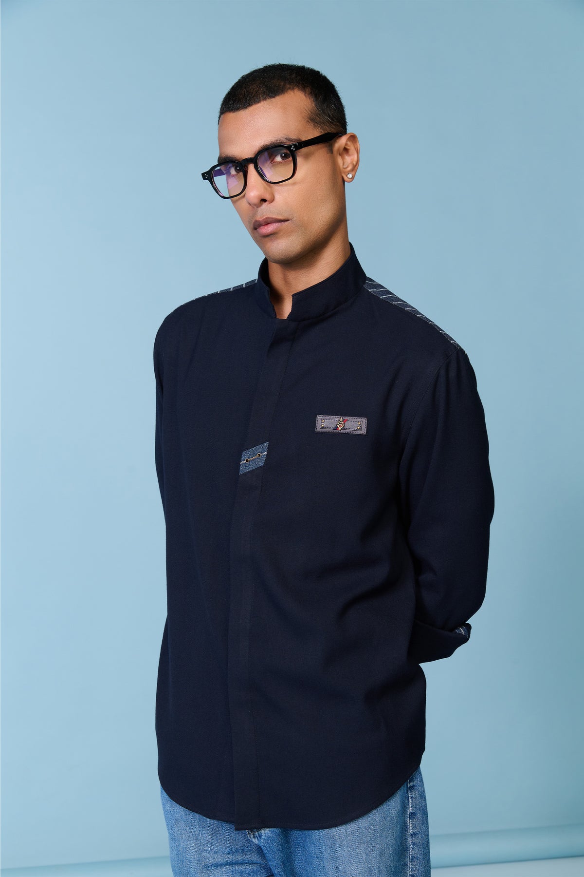 Navy Band Collar Shirt