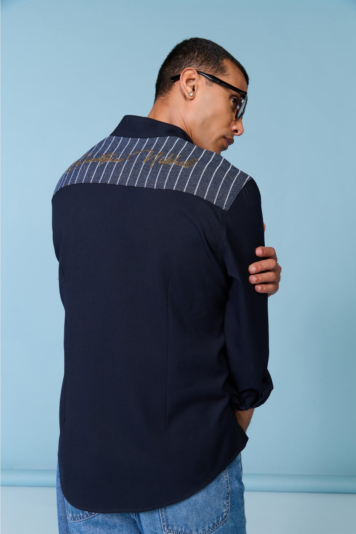 Navy Band Collar Shirt