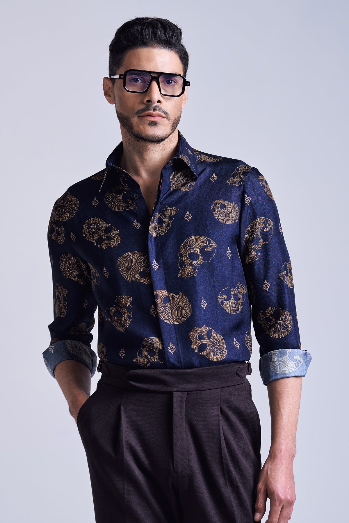 Navy Skull Print Silk Twill Shirt