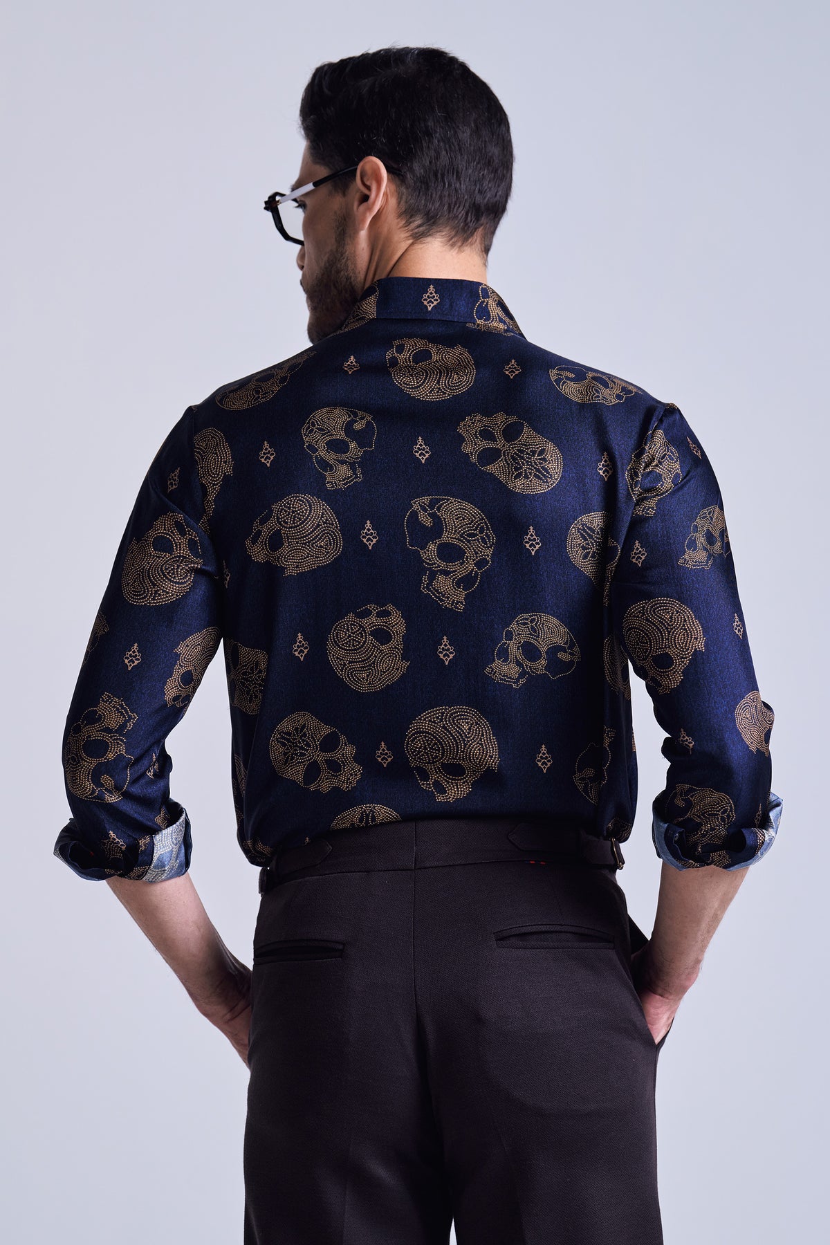 Navy Skull Print Silk Twill Shirt