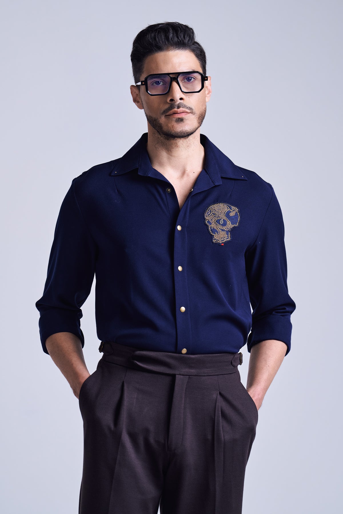 Navy Beaded Skull Shirt