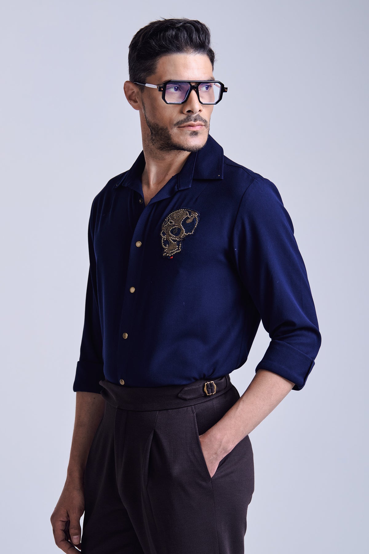 Navy Beaded Skull Shirt