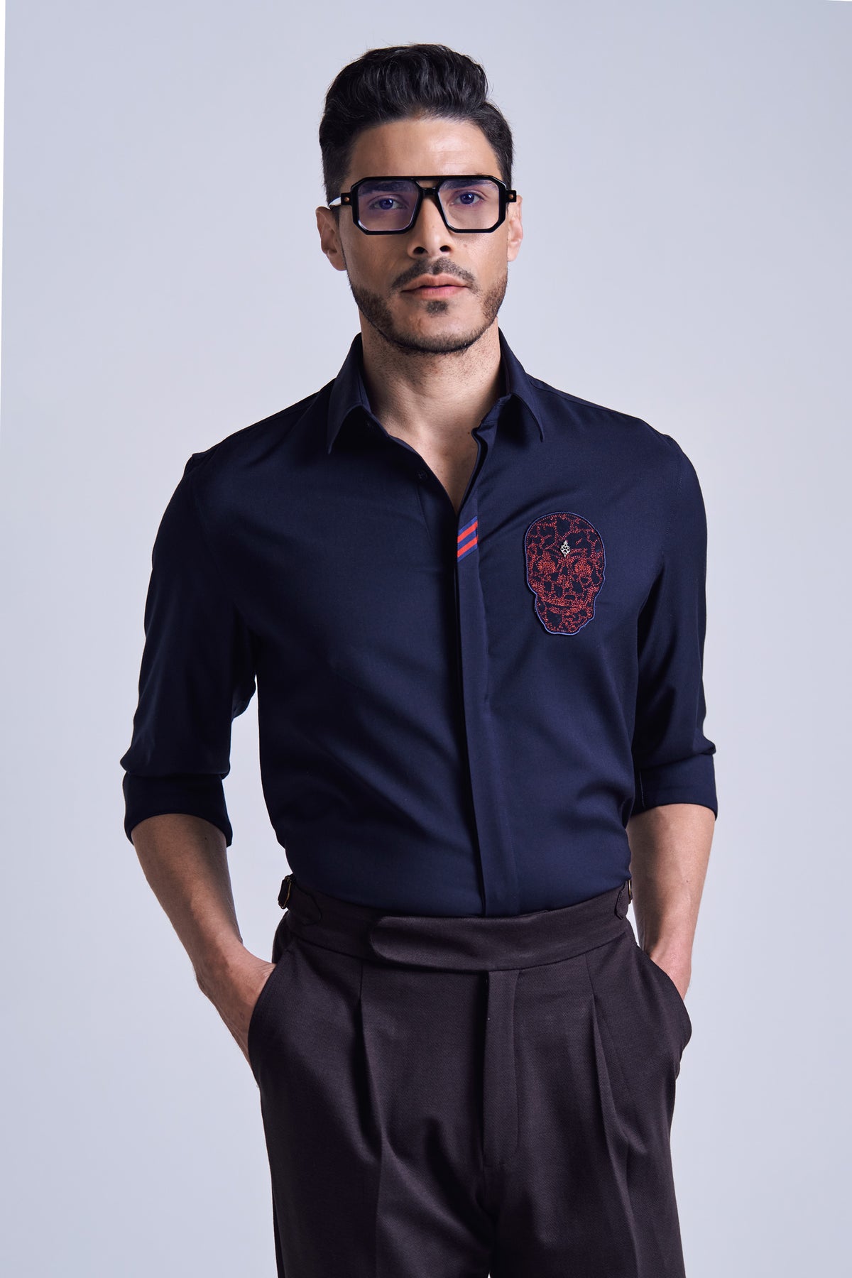 Navy Red Skull Embroidered Shirt