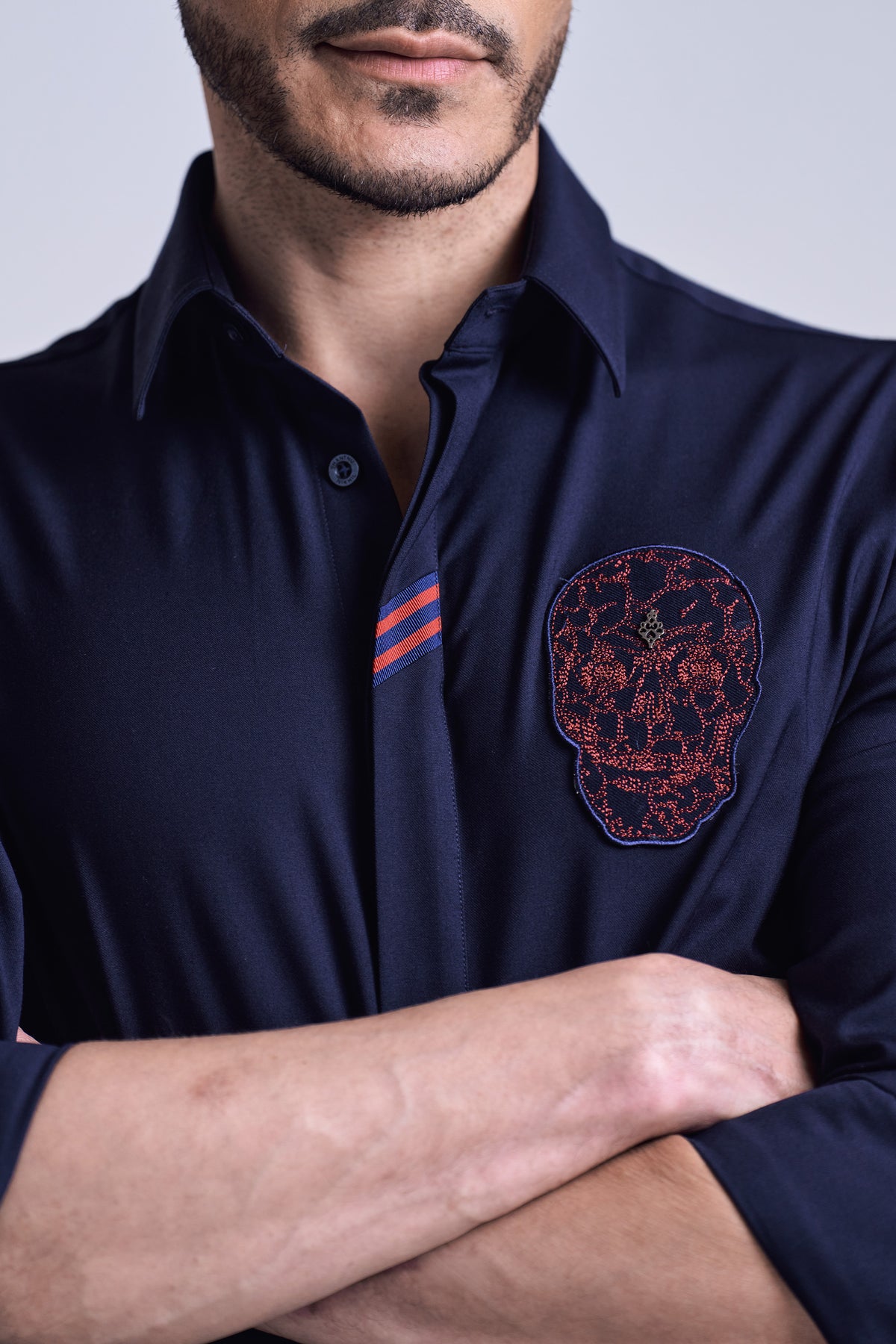 Navy Red Skull Embroidered Shirt