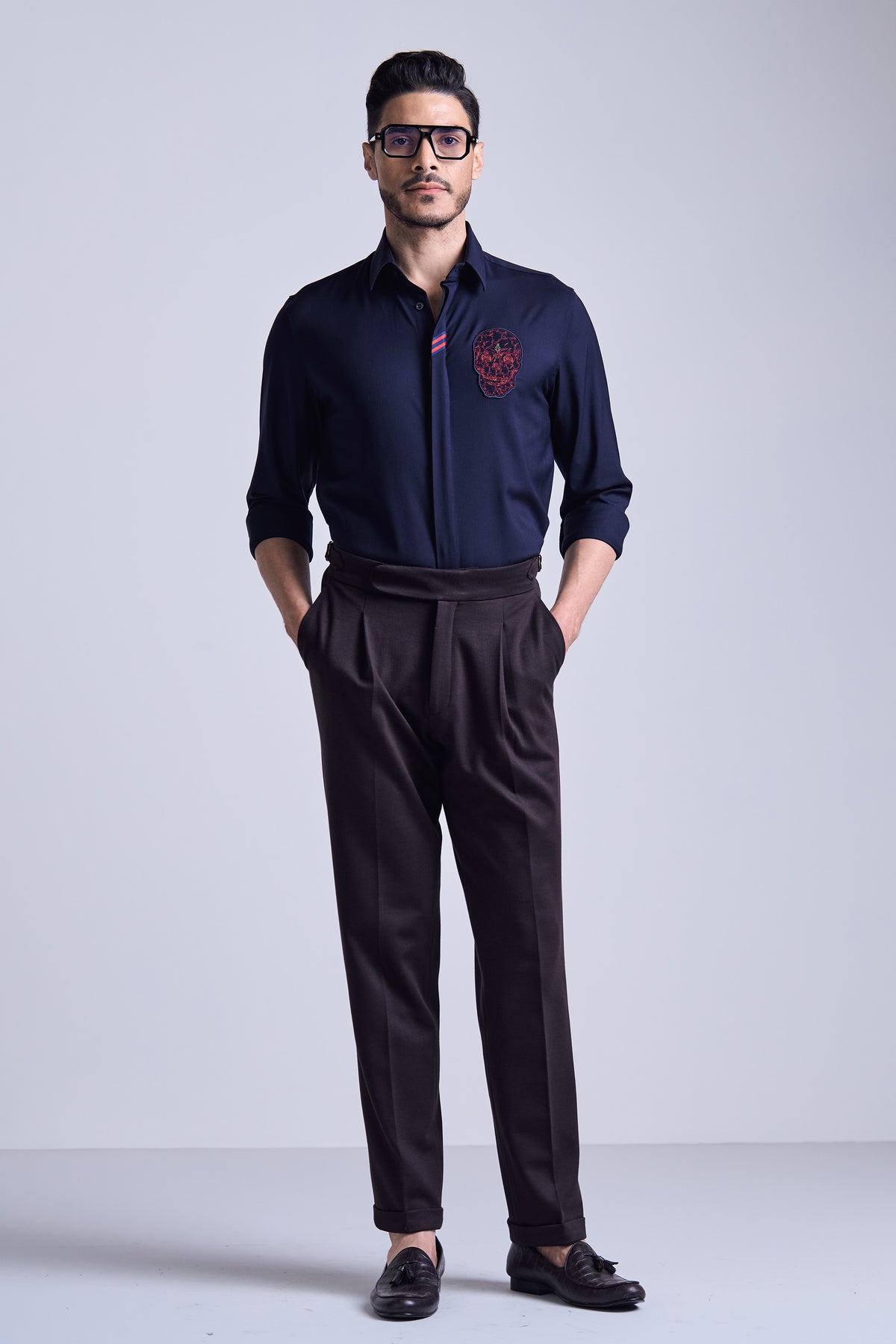 Navy Red Skull Embroidered Shirt