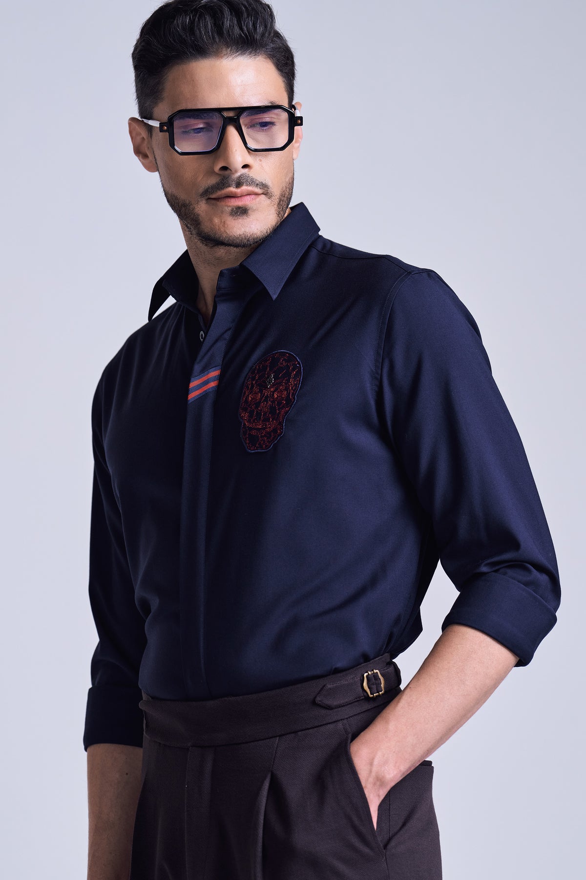 Navy Red Skull Embroidered Shirt