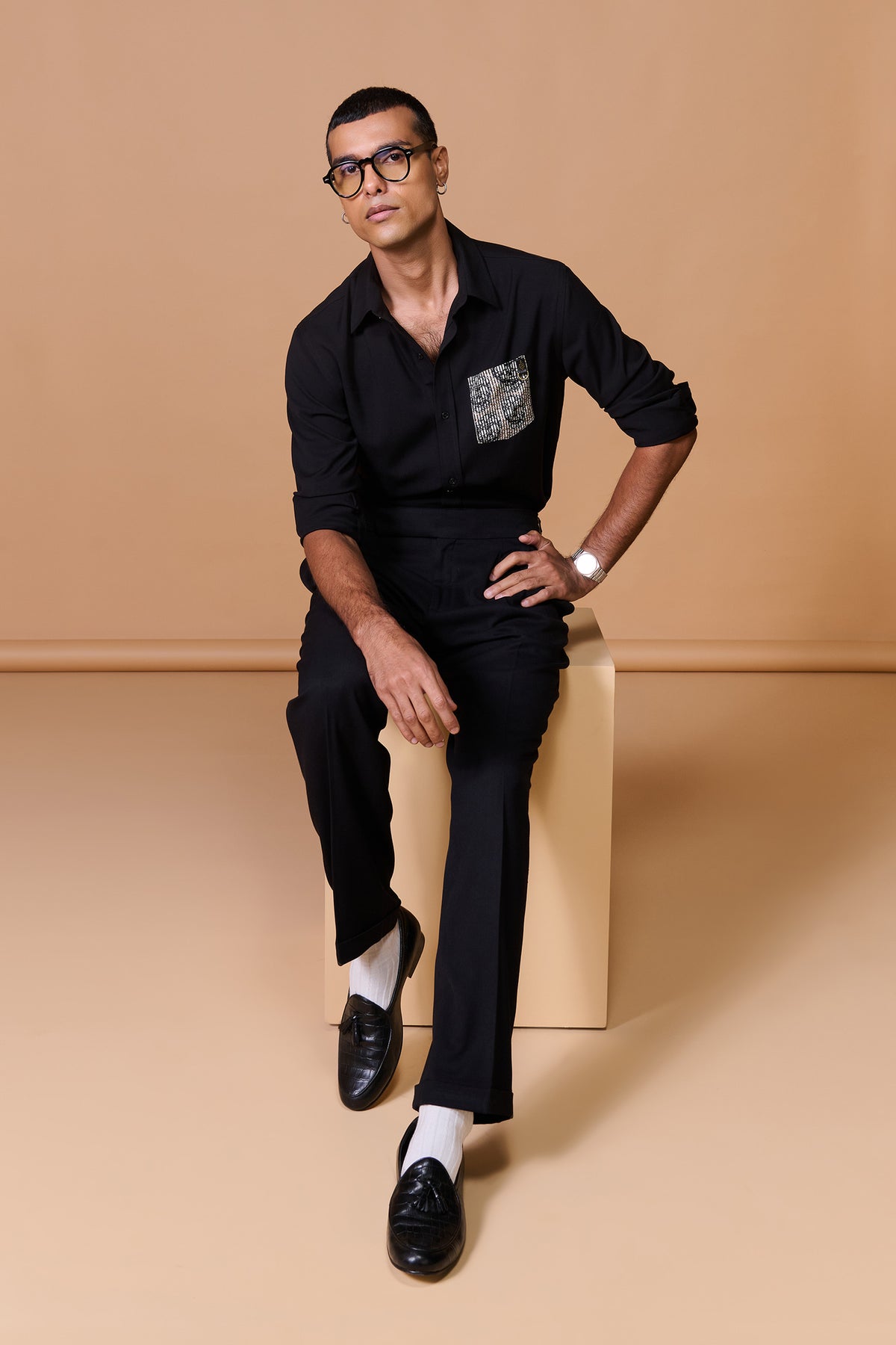 Black Shirt with Skull Printed Pocket