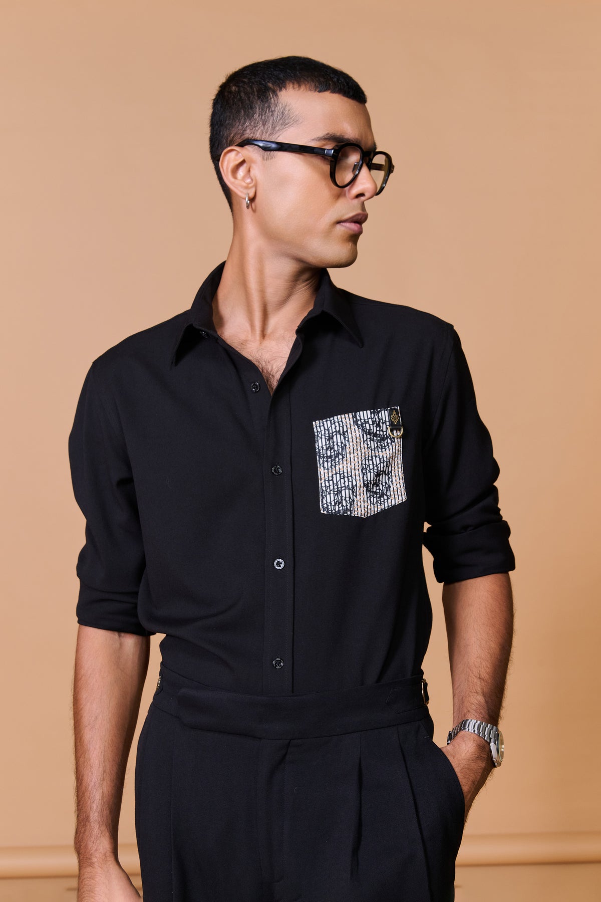 Black Shirt with Skull Printed Pocket