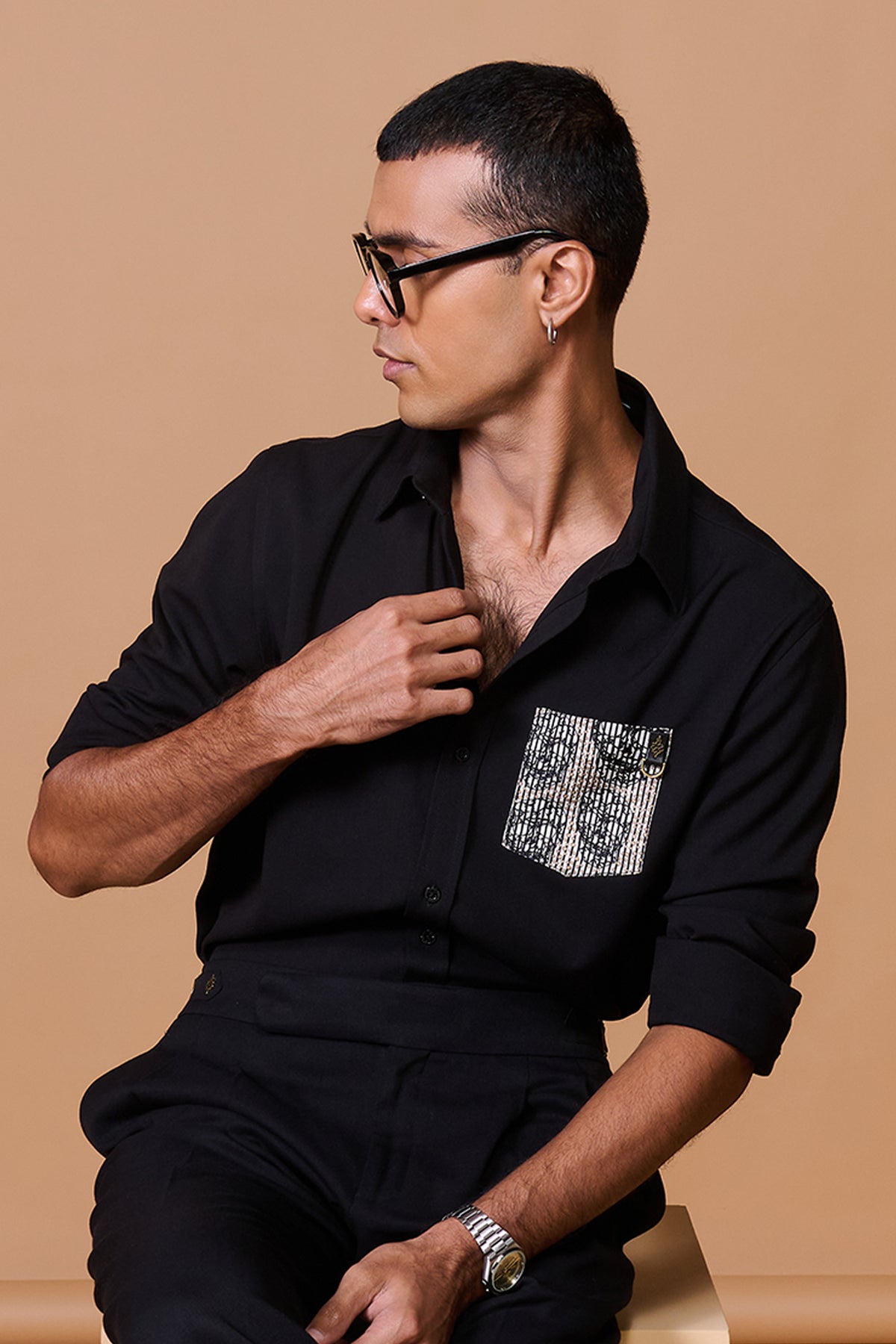 Black Shirt with Skull Printed Pocket