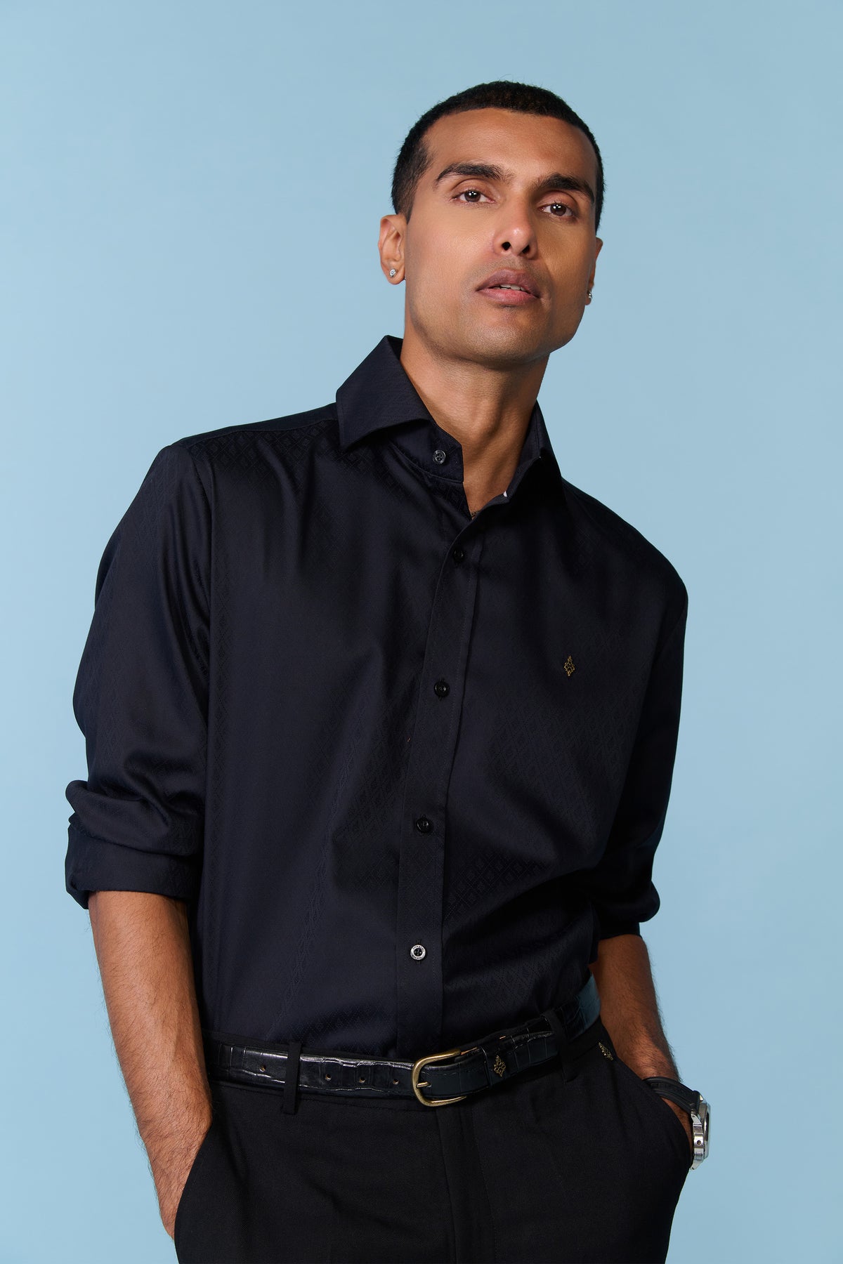 Black Textured Shirt with Adamas