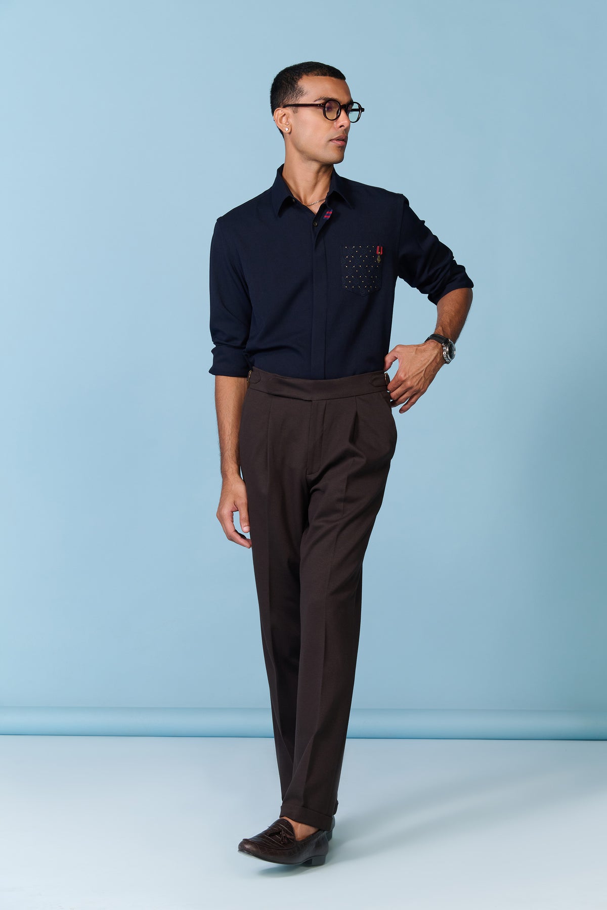 Navy Shirt with Rivet Patch Pocket