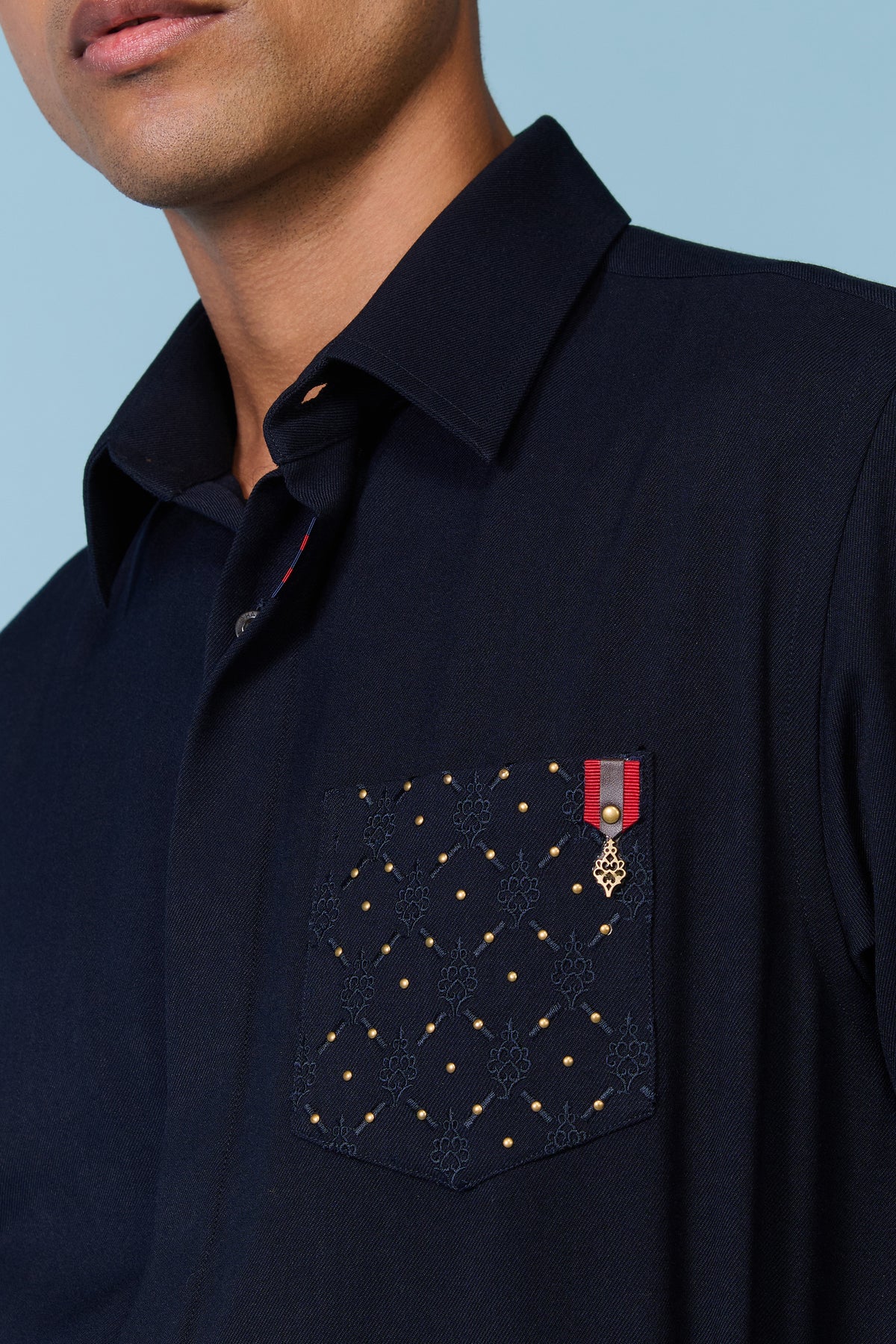 Navy Shirt with Rivet Patch Pocket