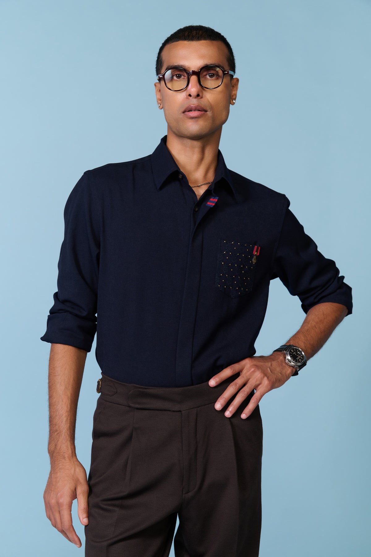 Navy Shirt with Rivet Patch Pocket