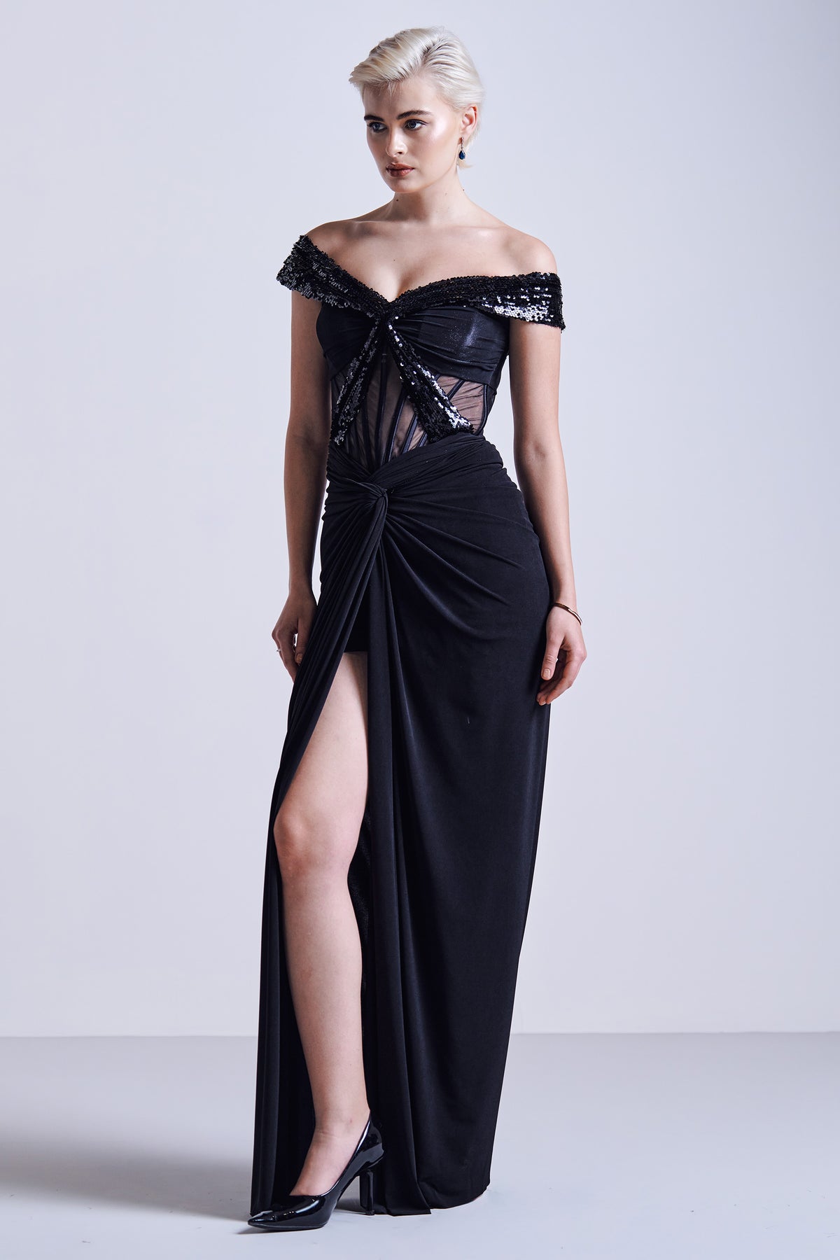 Black Off-Shoulder Sequin Gown