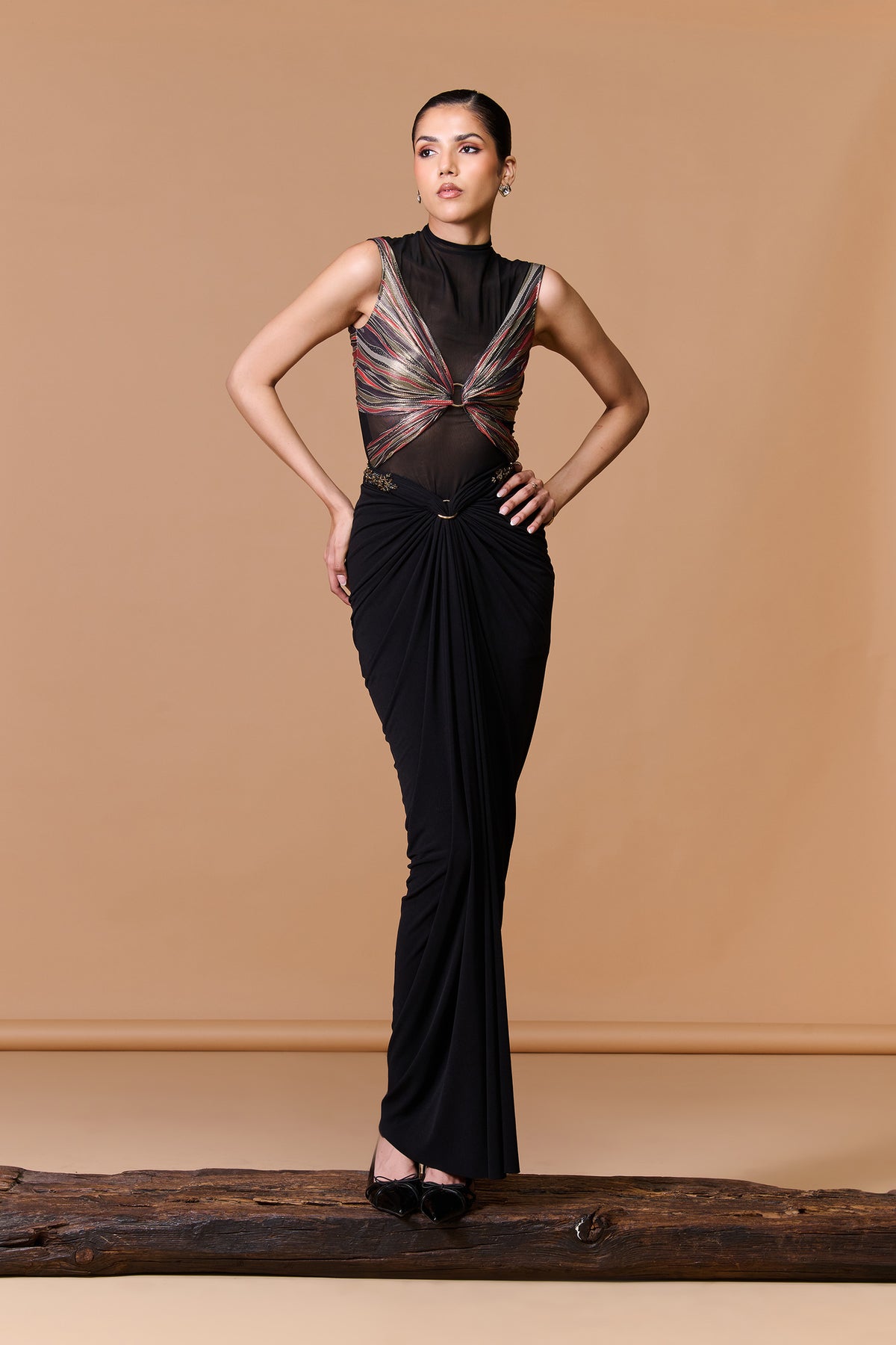 Black Striped Drape Gown