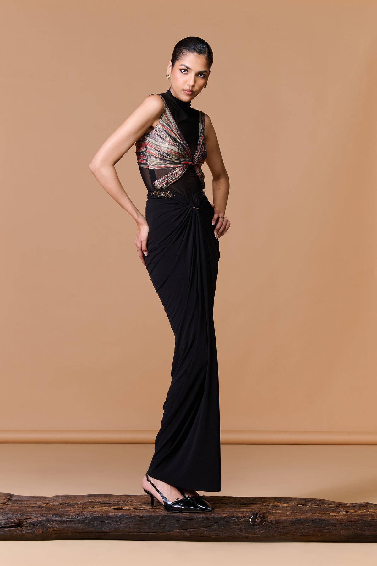 Black Striped Drape Gown